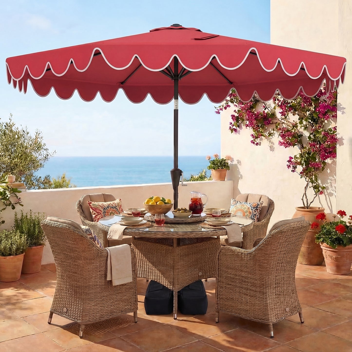 Patiojoy 10 FT Patio Umbrella with Weighted Base Included Outdoor Market Umbrella with Push Button Tilt & Crank Wine Red/Beige/Brown/Gray/Turquoise