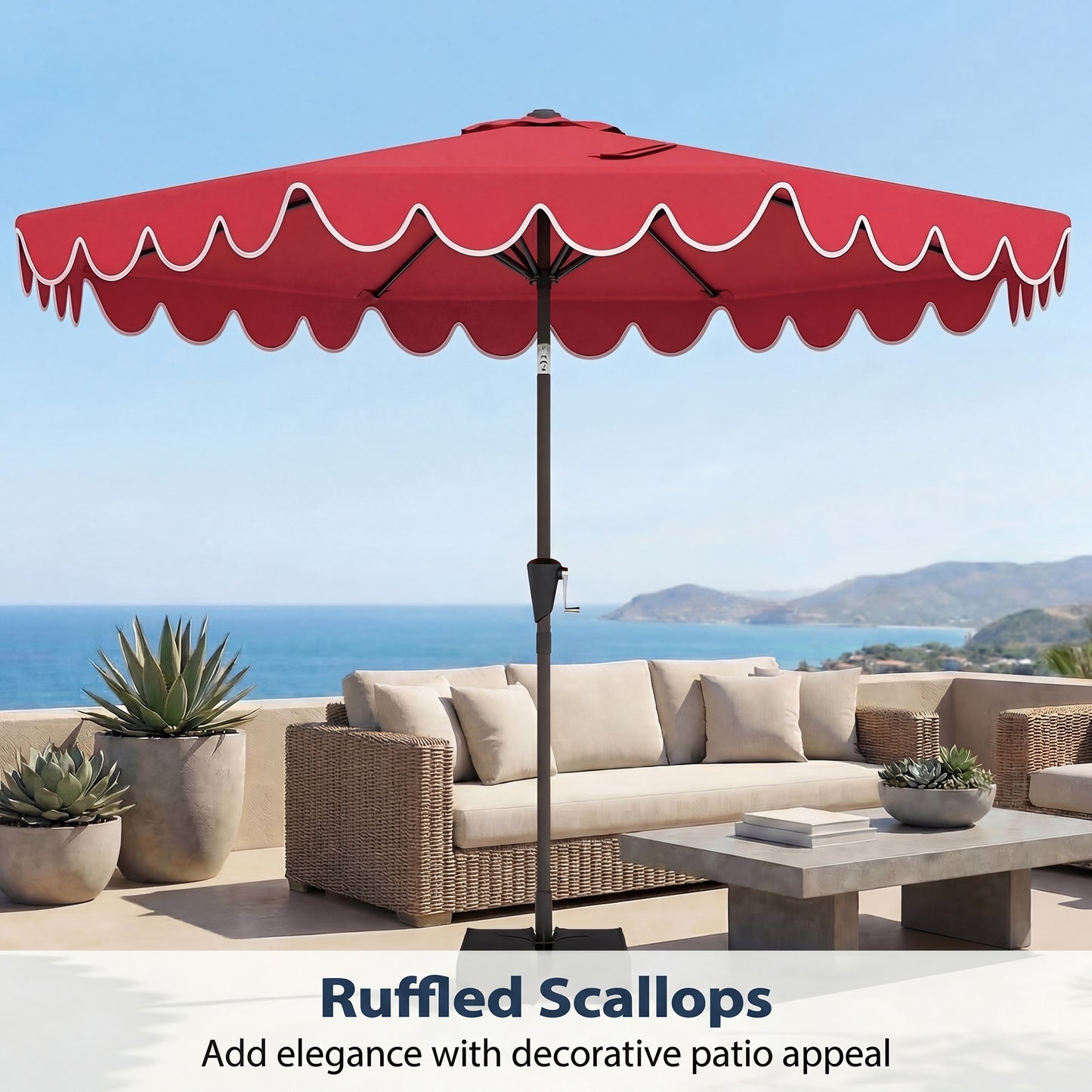 Patiojoy 10 FT Patio Umbrella with Weighted Base Included Outdoor Market Umbrella with Push Button Tilt & Crank Wine Red/Beige/Brown/Gray/Turquoise