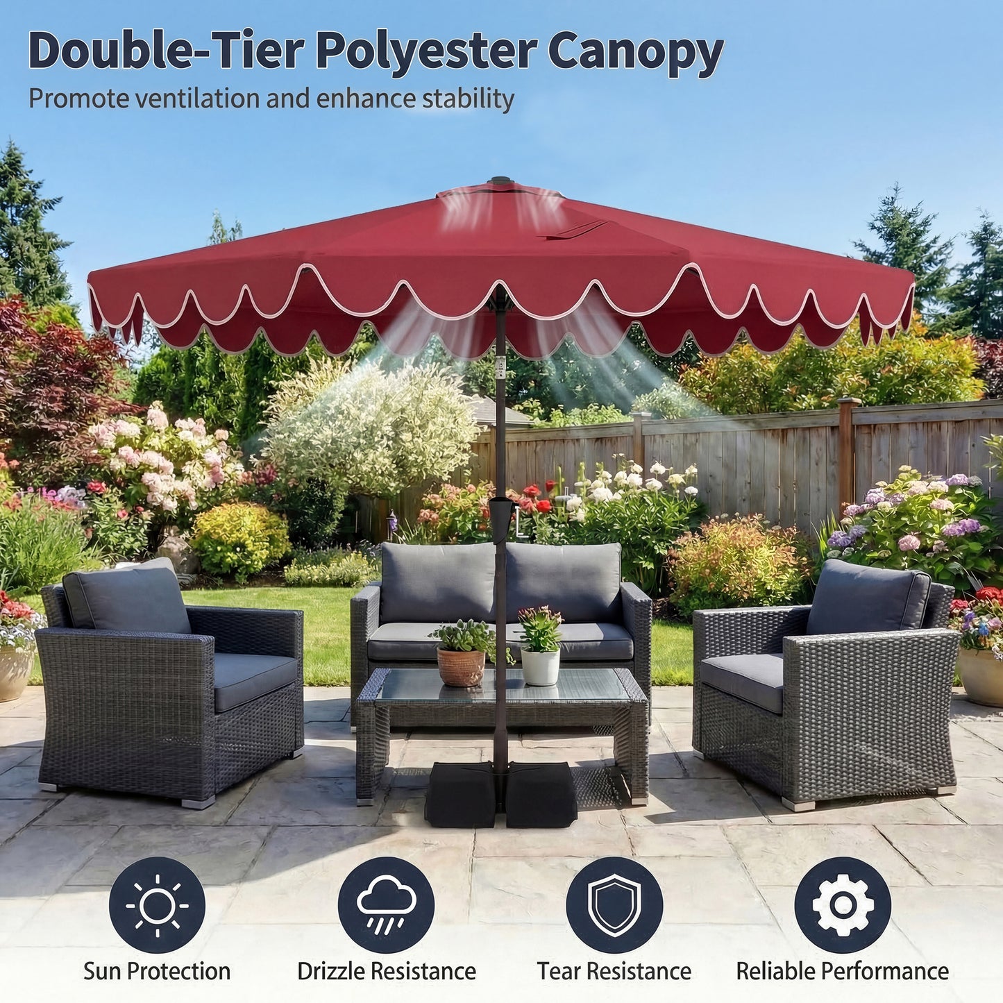 Patiojoy 10 FT Patio Umbrella with Weighted Base Included Outdoor Market Umbrella with Push Button Tilt & Crank Wine Red/Beige/Brown/Gray/Turquoise