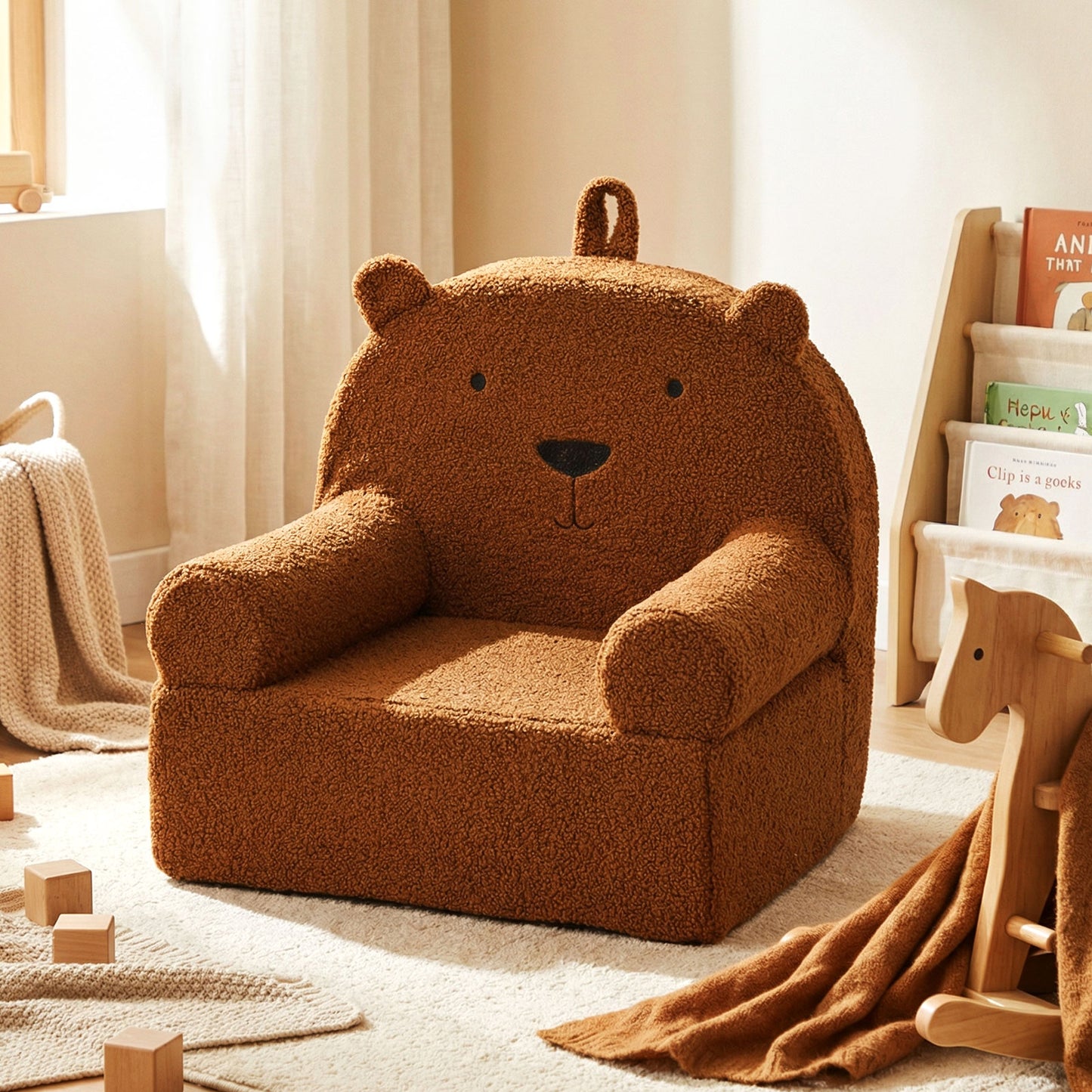 Patiojoy Kids Bear Sofa Toddler Foam Couch with Soft Fleece Fabric Cover Cute Reading Chair for Children Brown/Gray/Navy/Pink