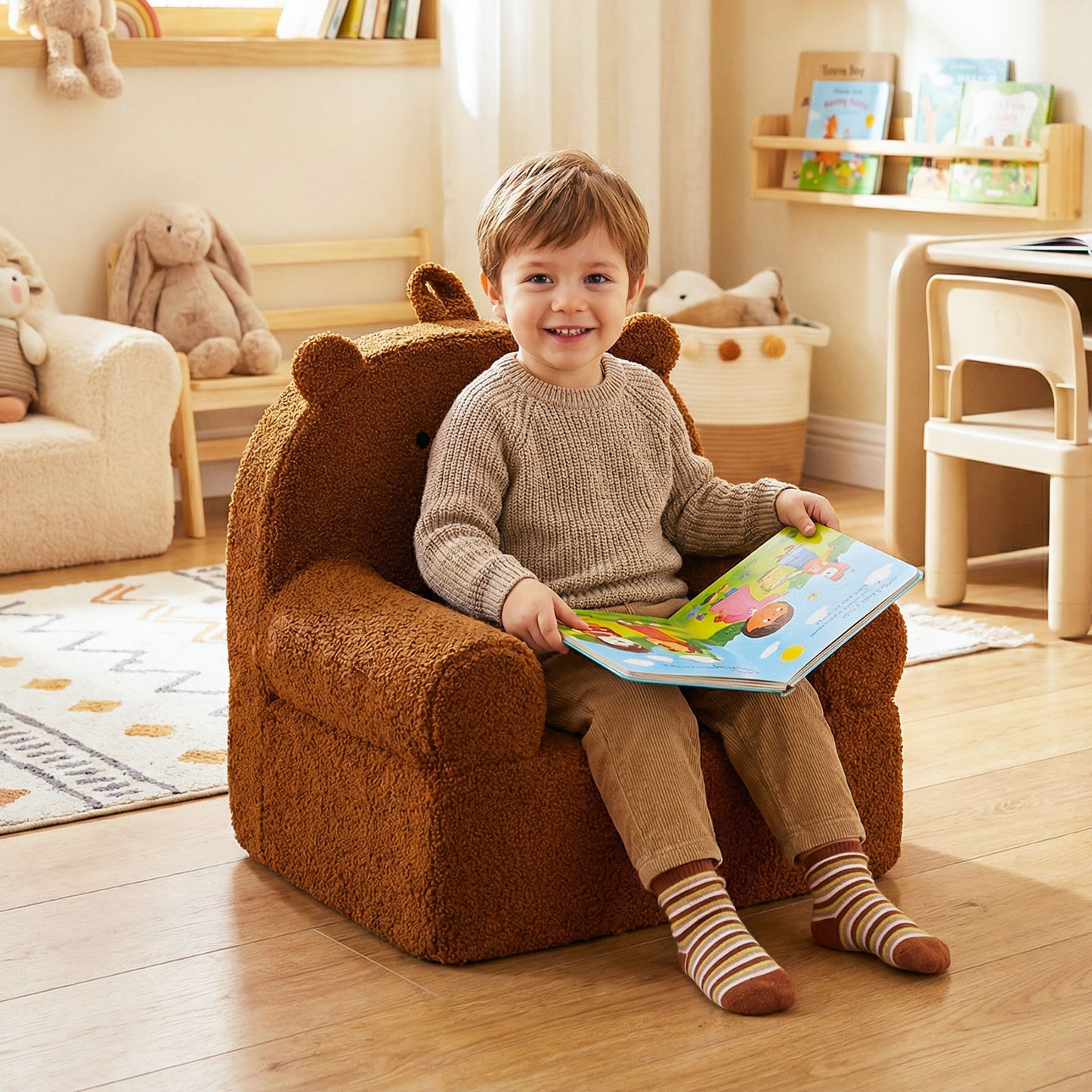 Patiojoy Kids Bear Sofa Toddler Foam Couch with Soft Fleece Fabric Cover Cute Reading Chair for Children Brown/Gray/Navy/Pink