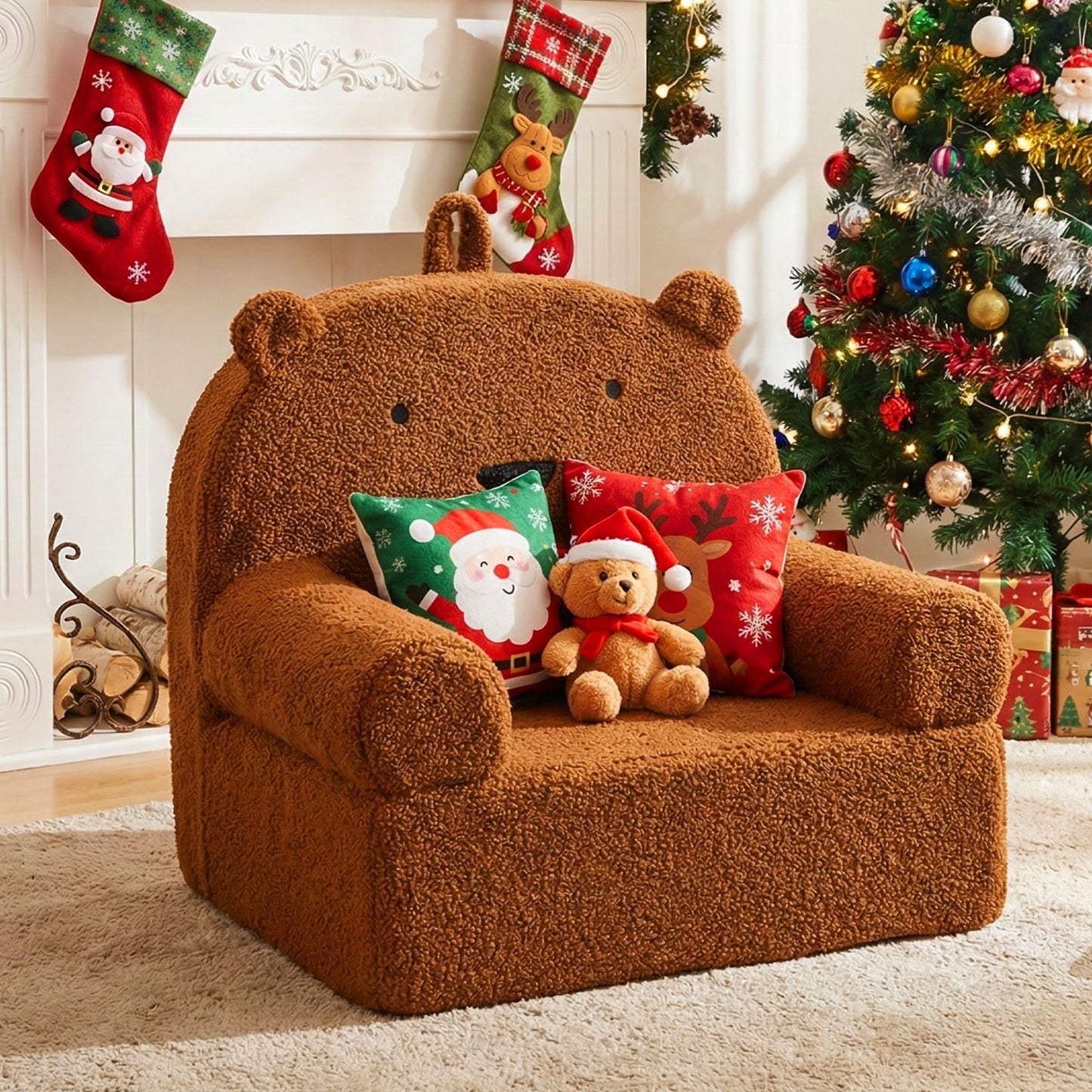 Patiojoy Kids Bear Sofa Toddler Foam Couch with Soft Fleece Fabric Cover Cute Reading Chair for Children Brown/Gray/Navy/Pink