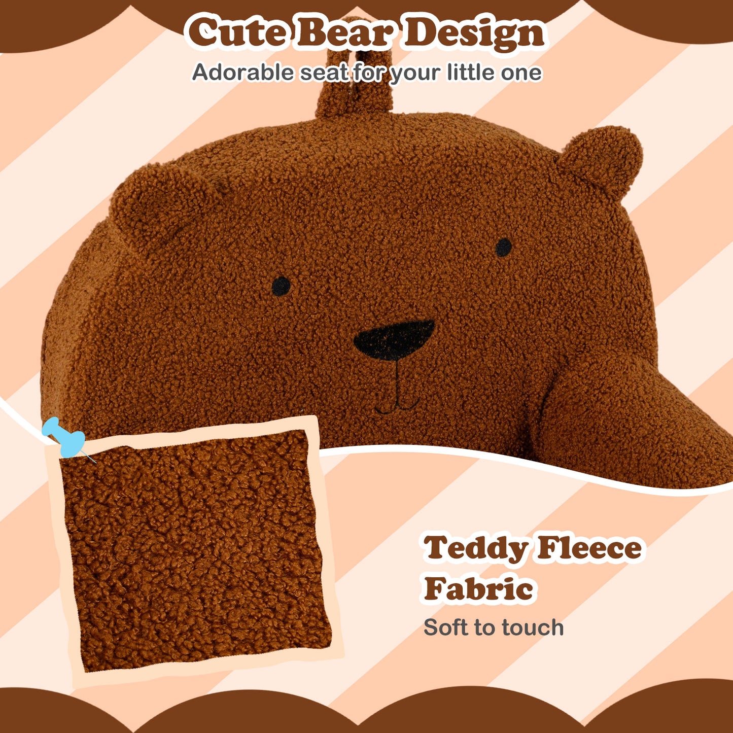 Patiojoy Kids Bear Sofa Toddler Foam Couch with Soft Fleece Fabric Cover Cute Reading Chair for Children Brown/Gray/Navy/Pink