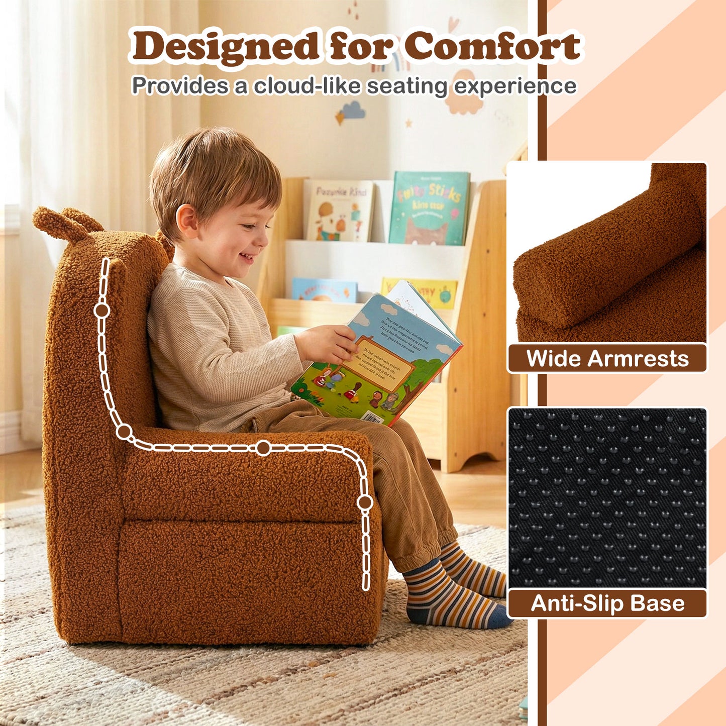 Patiojoy Kids Bear Sofa Toddler Foam Couch with Soft Fleece Fabric Cover Cute Reading Chair for Children Brown/Gray/Navy/Pink