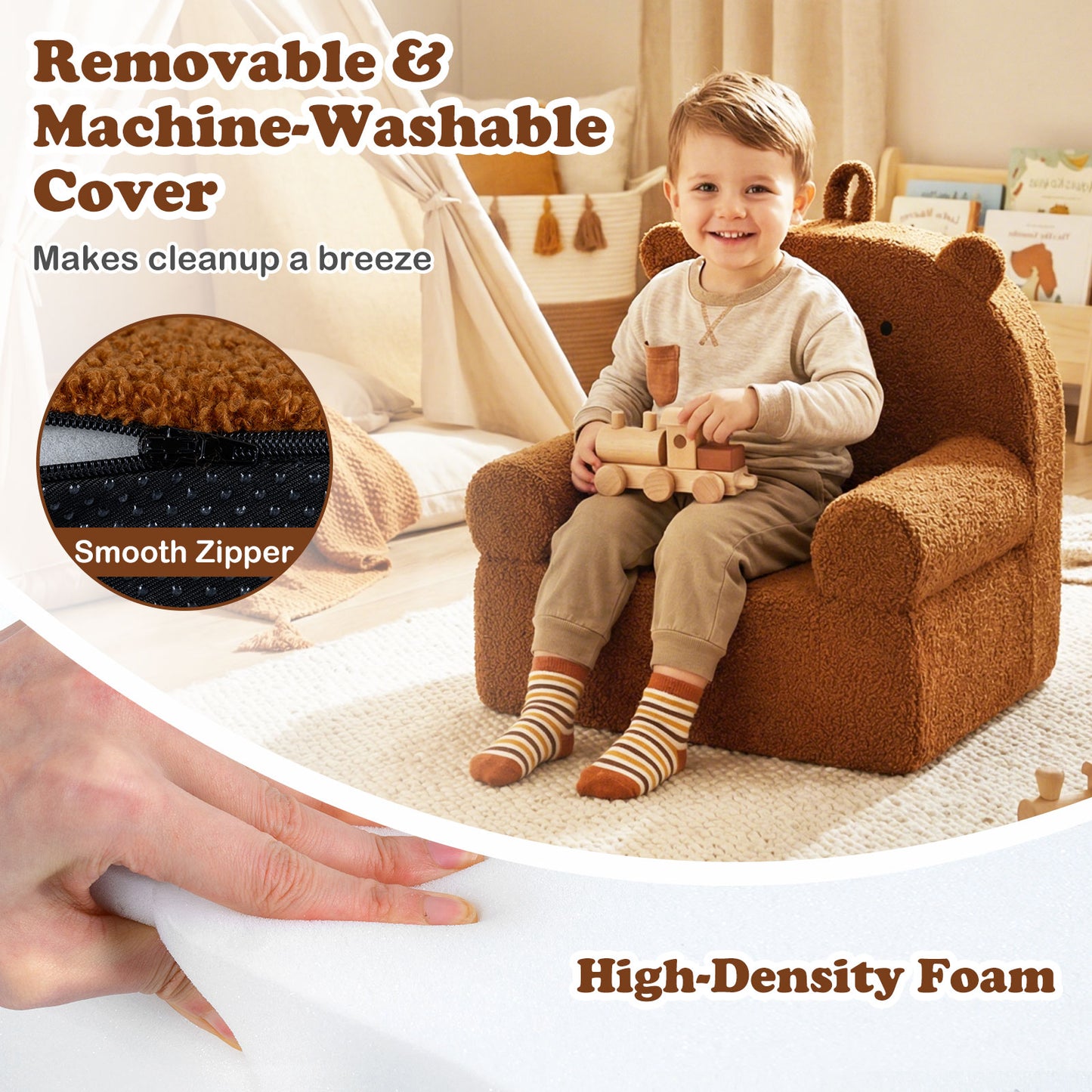 Patiojoy Kids Bear Sofa Toddler Foam Couch with Soft Fleece Fabric Cover Cute Reading Chair for Children Brown/Gray/Navy/Pink