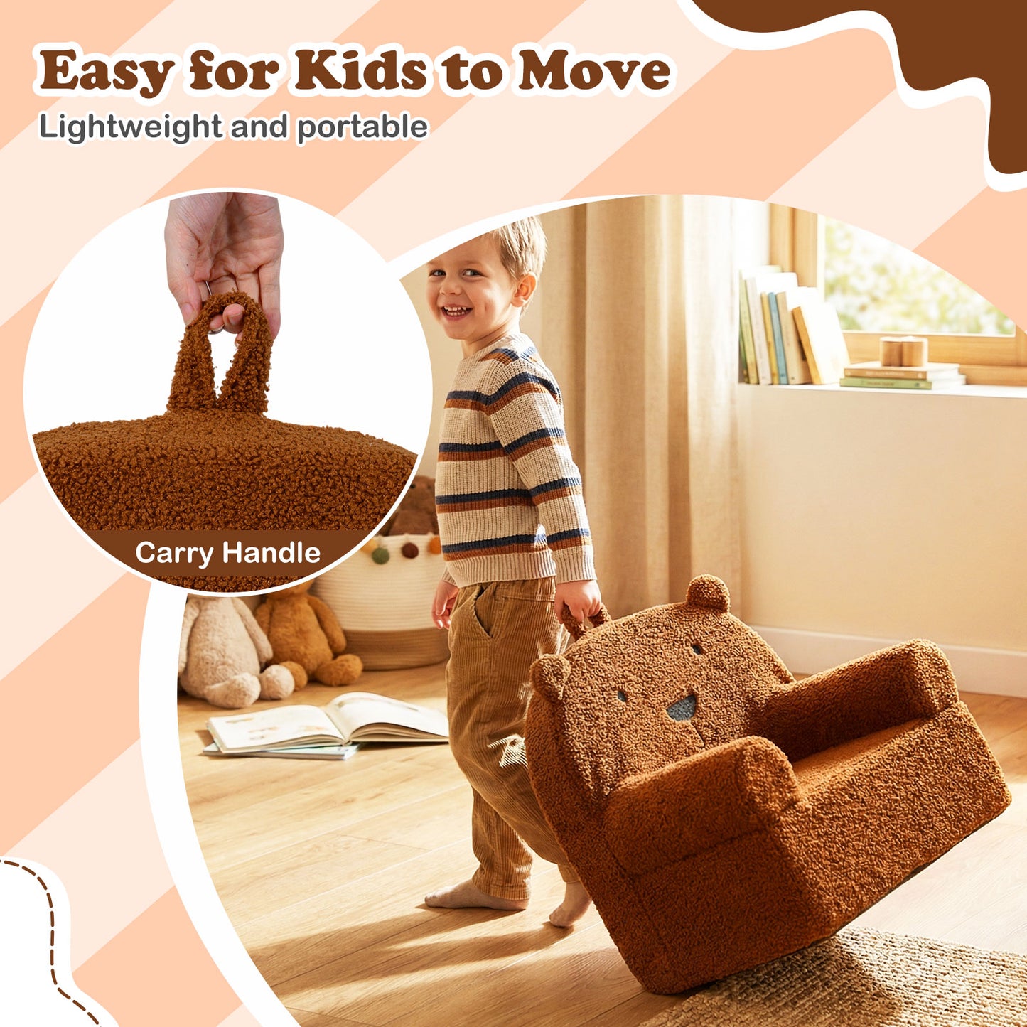 Patiojoy Kids Bear Sofa Toddler Foam Couch with Soft Fleece Fabric Cover Cute Reading Chair for Children Brown/Gray/Navy/Pink