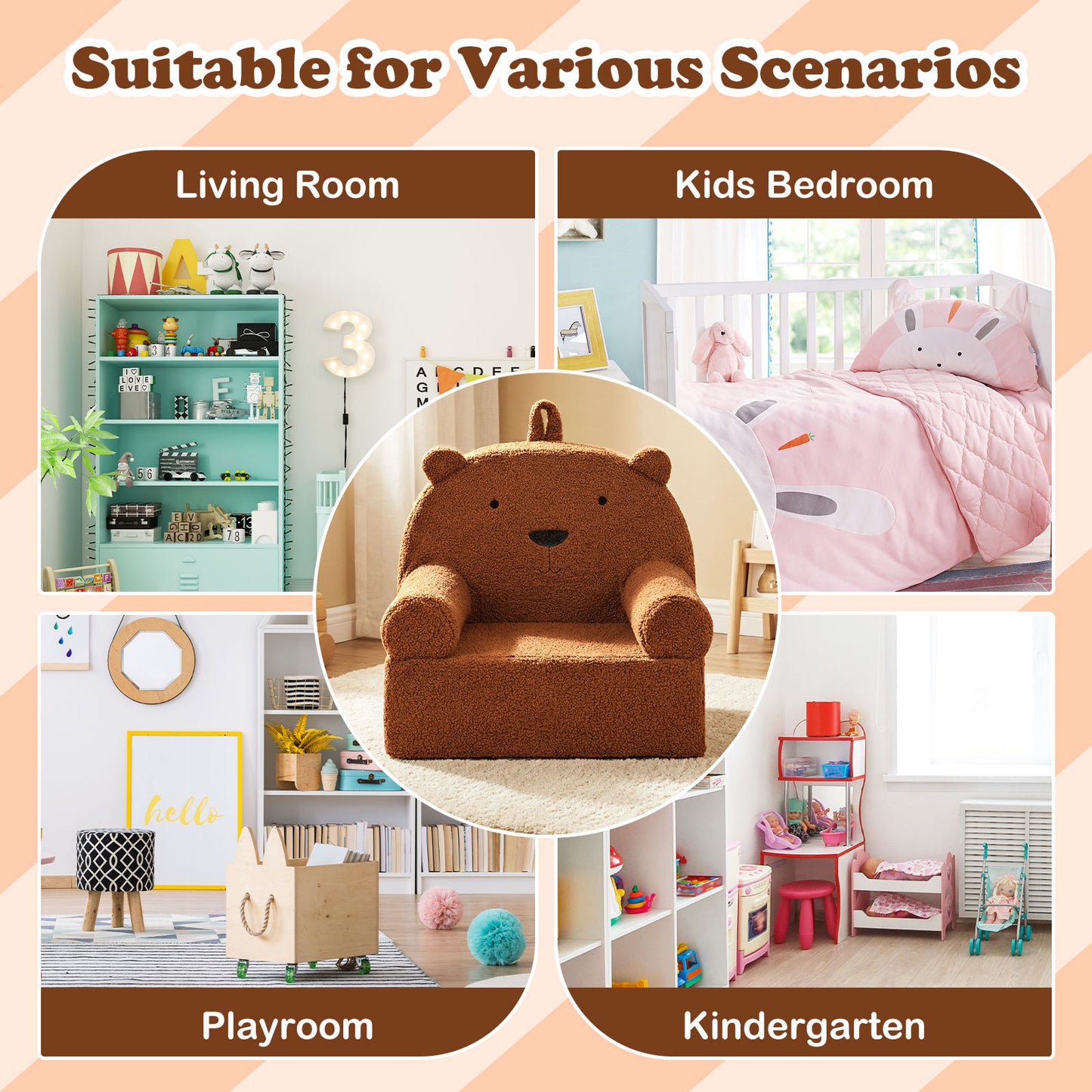 Patiojoy Kids Bear Sofa Toddler Foam Couch with Soft Fleece Fabric Cover Cute Reading Chair for Children Brown/Gray/Navy/Pink