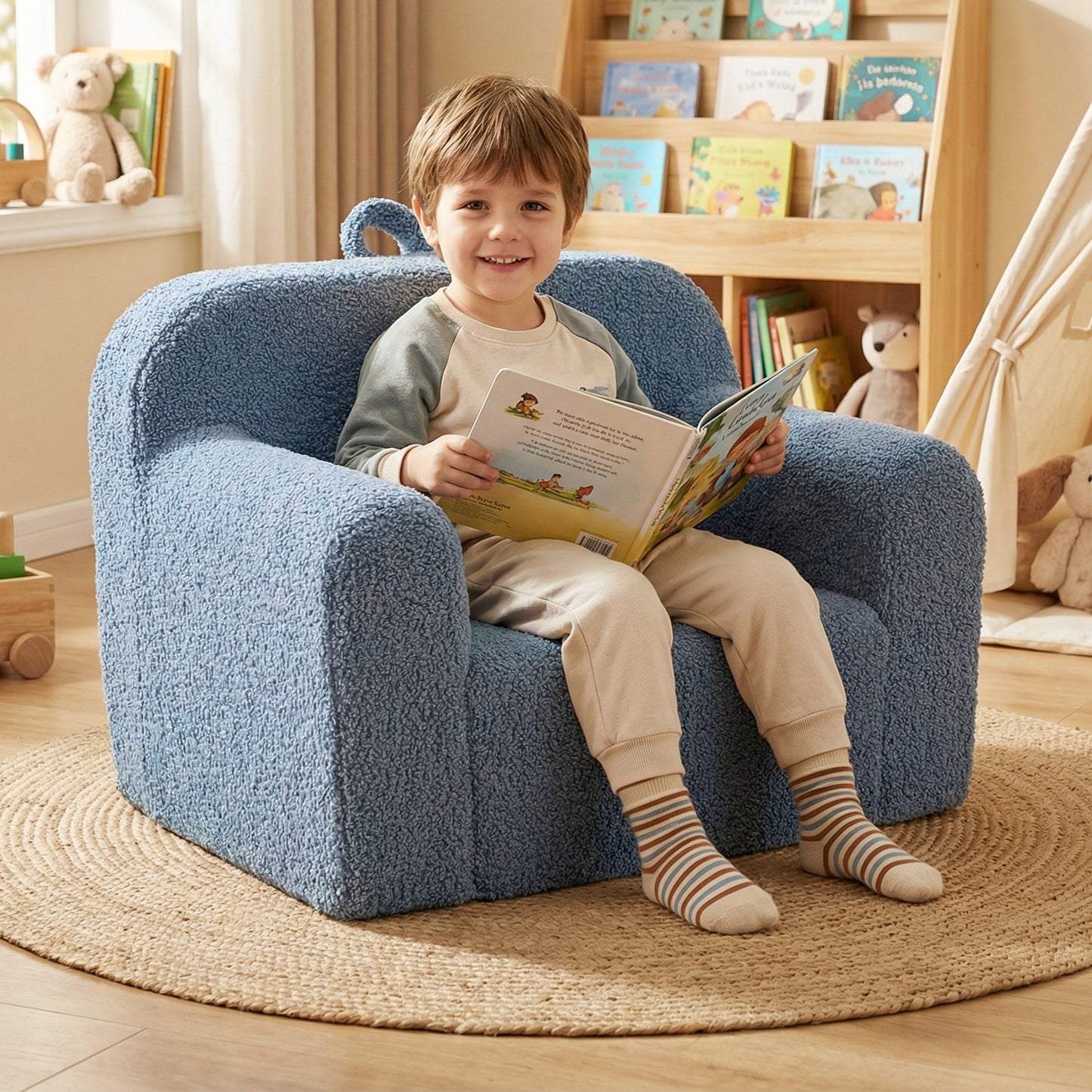 Patiojoy Kids Sofa Toddler Foam Couch with Soft Fleece Fabric Cover Reading Chair for Children Blue/Gray/Pink