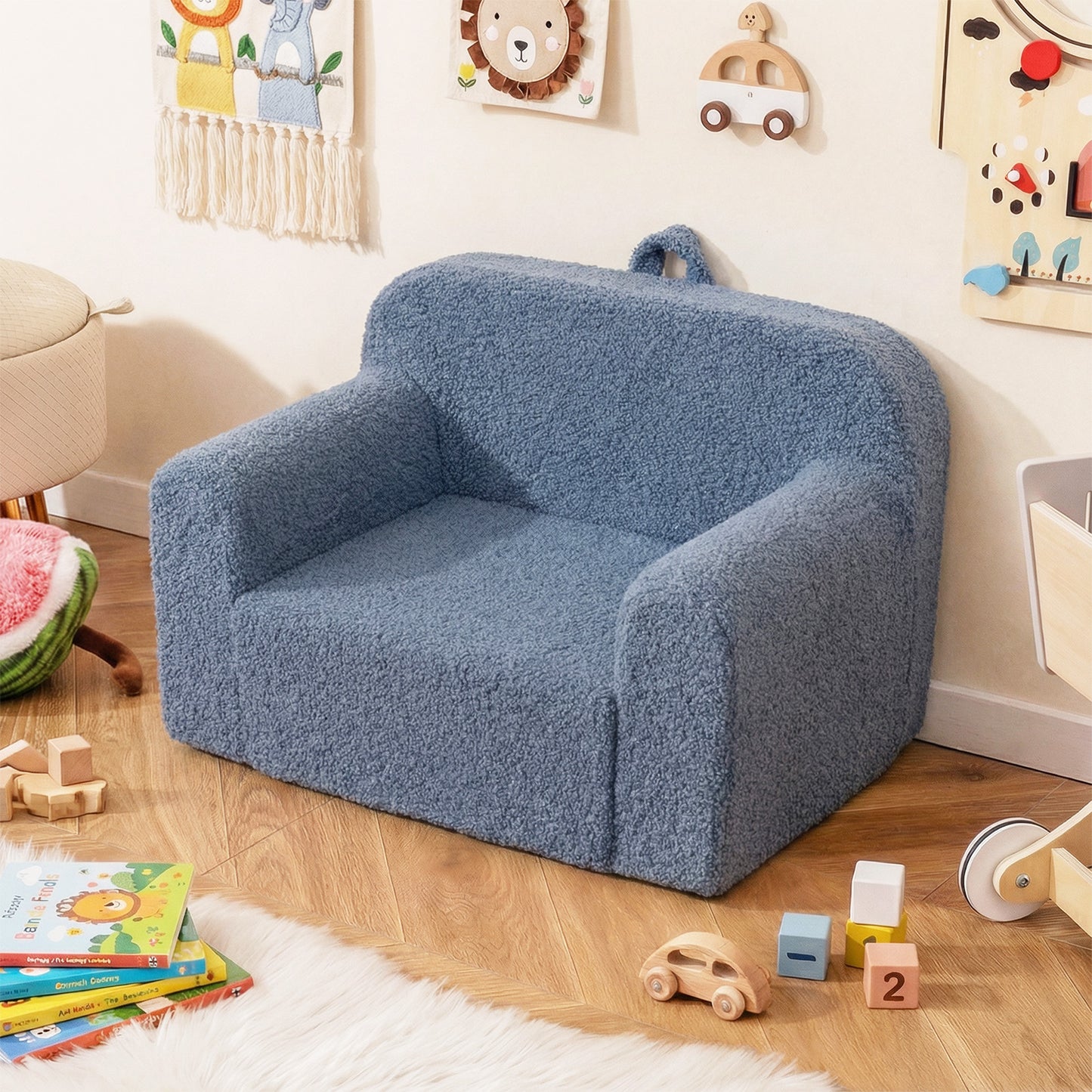 Patiojoy Kids Sofa Toddler Foam Couch with Soft Fleece Fabric Cover Reading Chair for Children Blue/Gray/Pink
