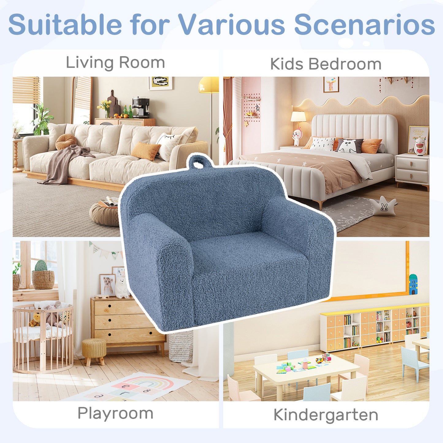 Patiojoy Kids Sofa Toddler Foam Couch with Soft Fleece Fabric Cover Reading Chair for Children Blue/Gray/Pink