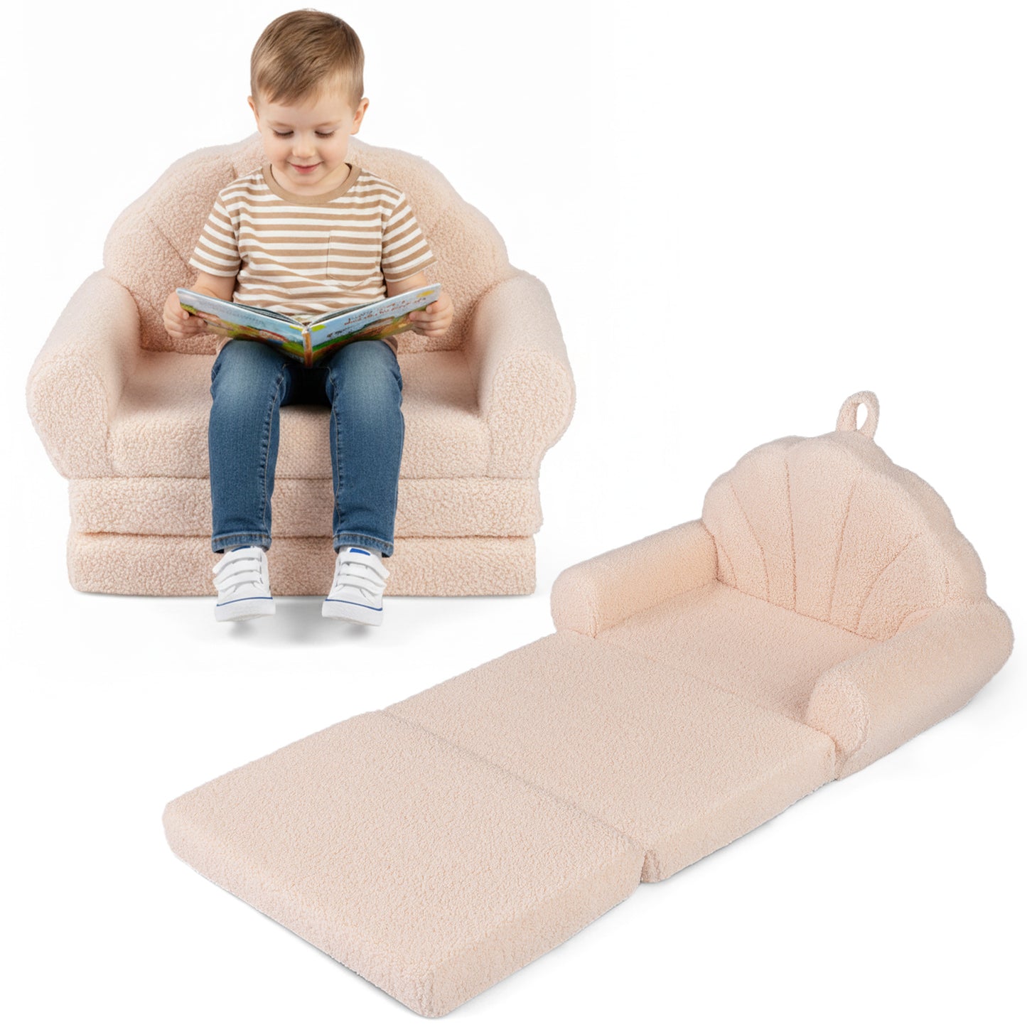 Patiojoy Convertible Kids Sofa 2-in-1 Fold out Toddler Couch Chair to Lounger Bed with Soft Fabric Cover for Boys Girls Beige/Green/Pink
