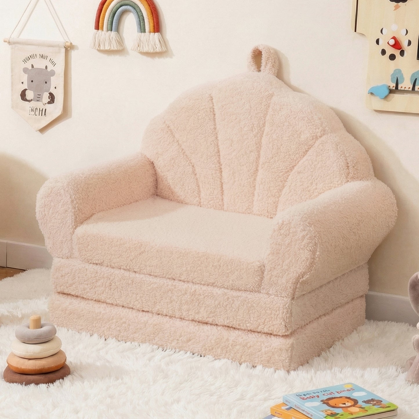 Patiojoy Convertible Kids Sofa 2-in-1 Fold out Toddler Couch Chair to Lounger Bed with Soft Fabric Cover for Boys Girls Beige/Green/Pink