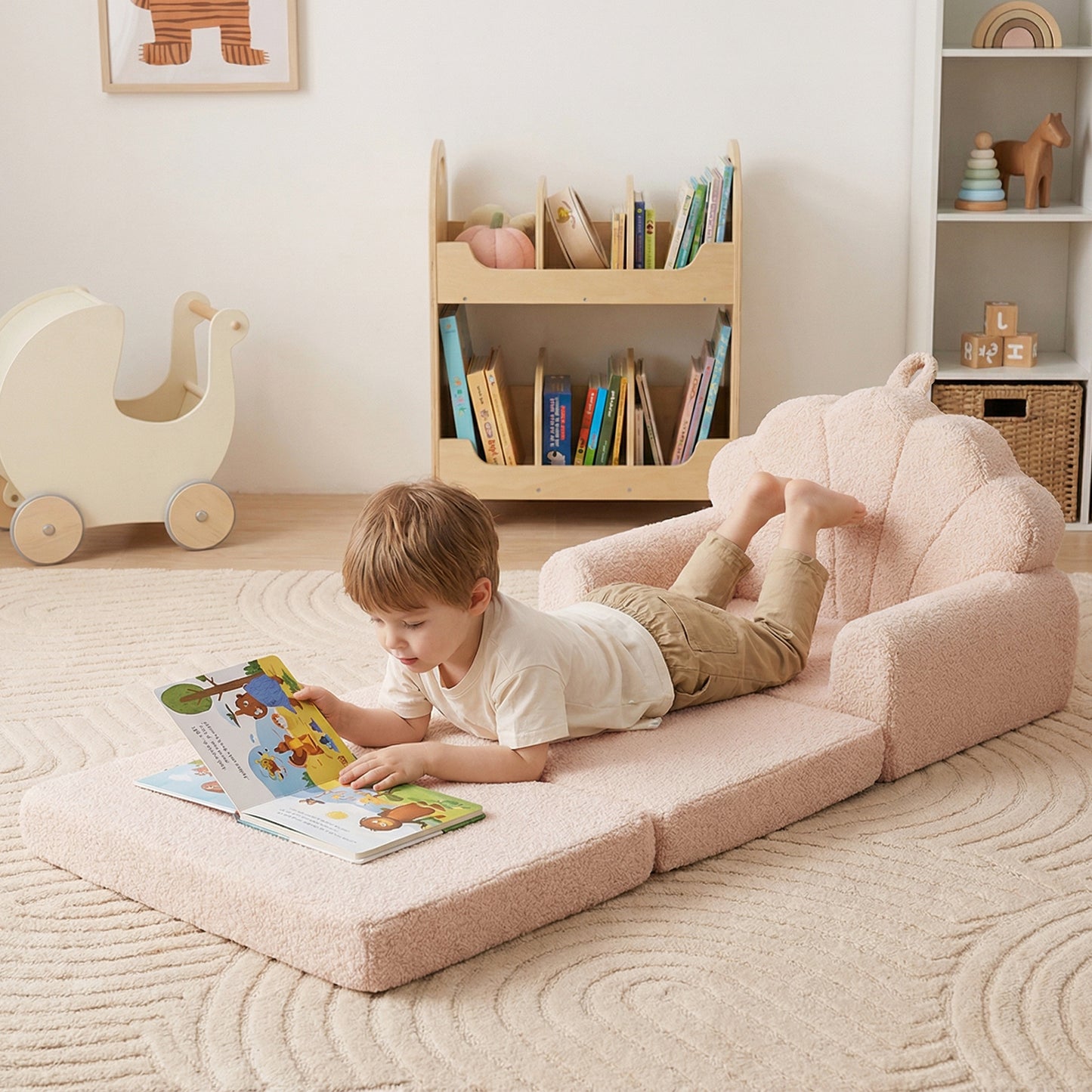 Patiojoy Convertible Kids Sofa 2-in-1 Fold out Toddler Couch Chair to Lounger Bed with Soft Fabric Cover for Boys Girls Beige/Green/Pink