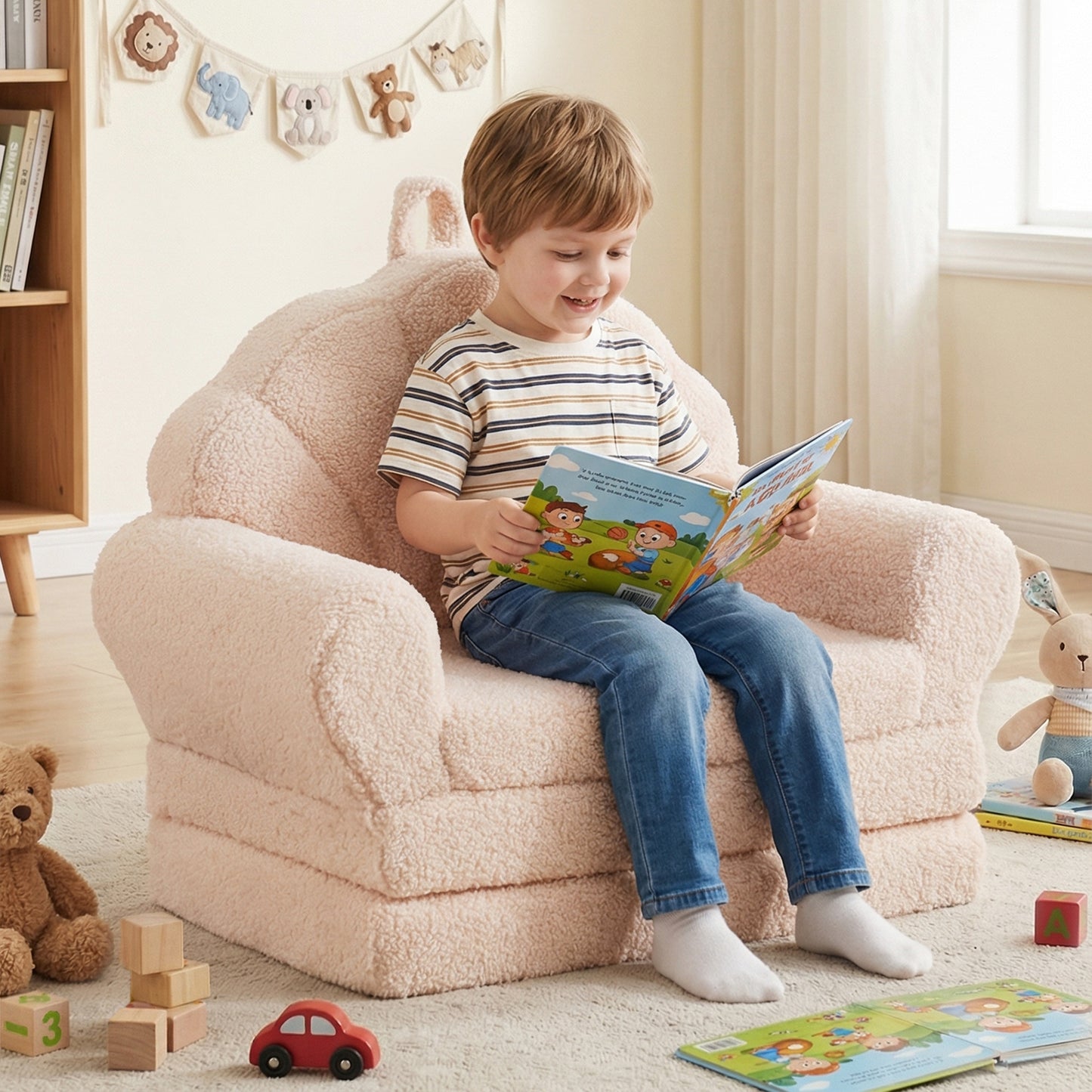 Patiojoy Convertible Kids Sofa 2-in-1 Fold out Toddler Couch Chair to Lounger Bed with Soft Fabric Cover for Boys Girls Beige/Green/Pink