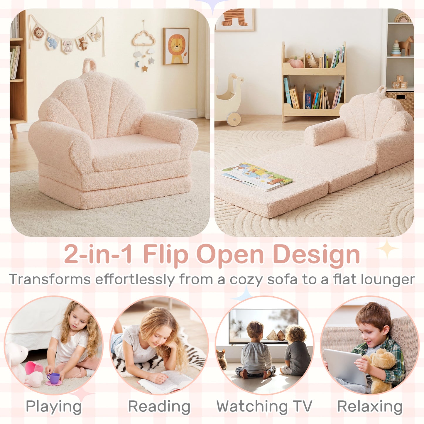 Patiojoy Convertible Kids Sofa 2-in-1 Fold out Toddler Couch Chair to Lounger Bed with Soft Fabric Cover for Boys Girls Beige/Green/Pink