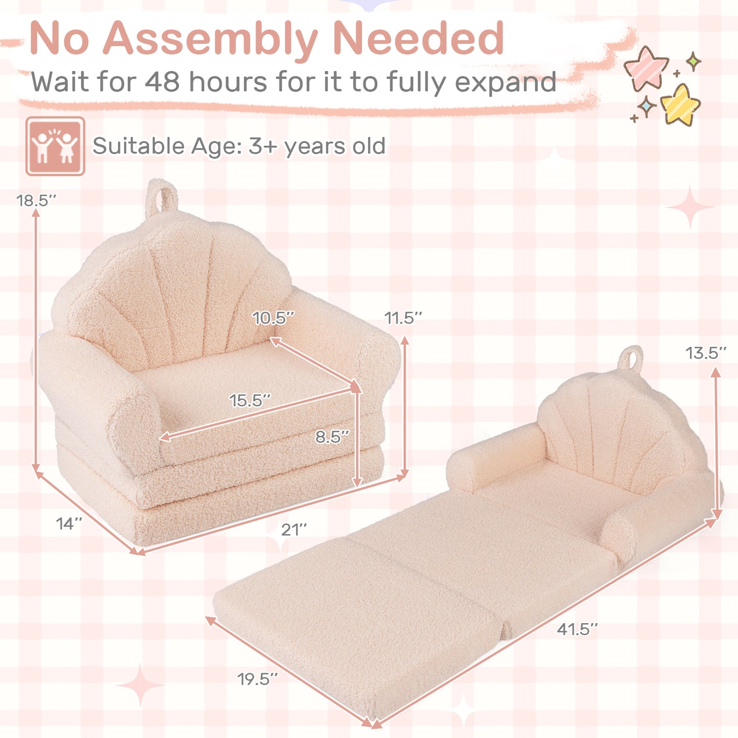 Patiojoy Convertible Kids Sofa 2-in-1 Fold out Toddler Couch Chair to Lounger Bed with Soft Fabric Cover for Boys Girls Beige/Green/Pink