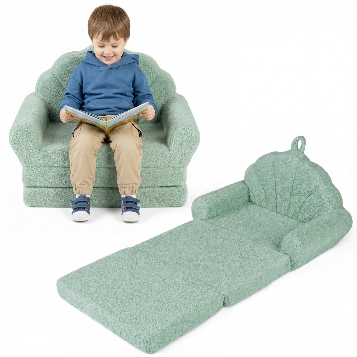 Patiojoy Convertible Kids Sofa 2-in-1 Fold out Toddler Couch Chair to Lounger Bed with Soft Fabric Cover for Boys Girls Beige/Green/Pink