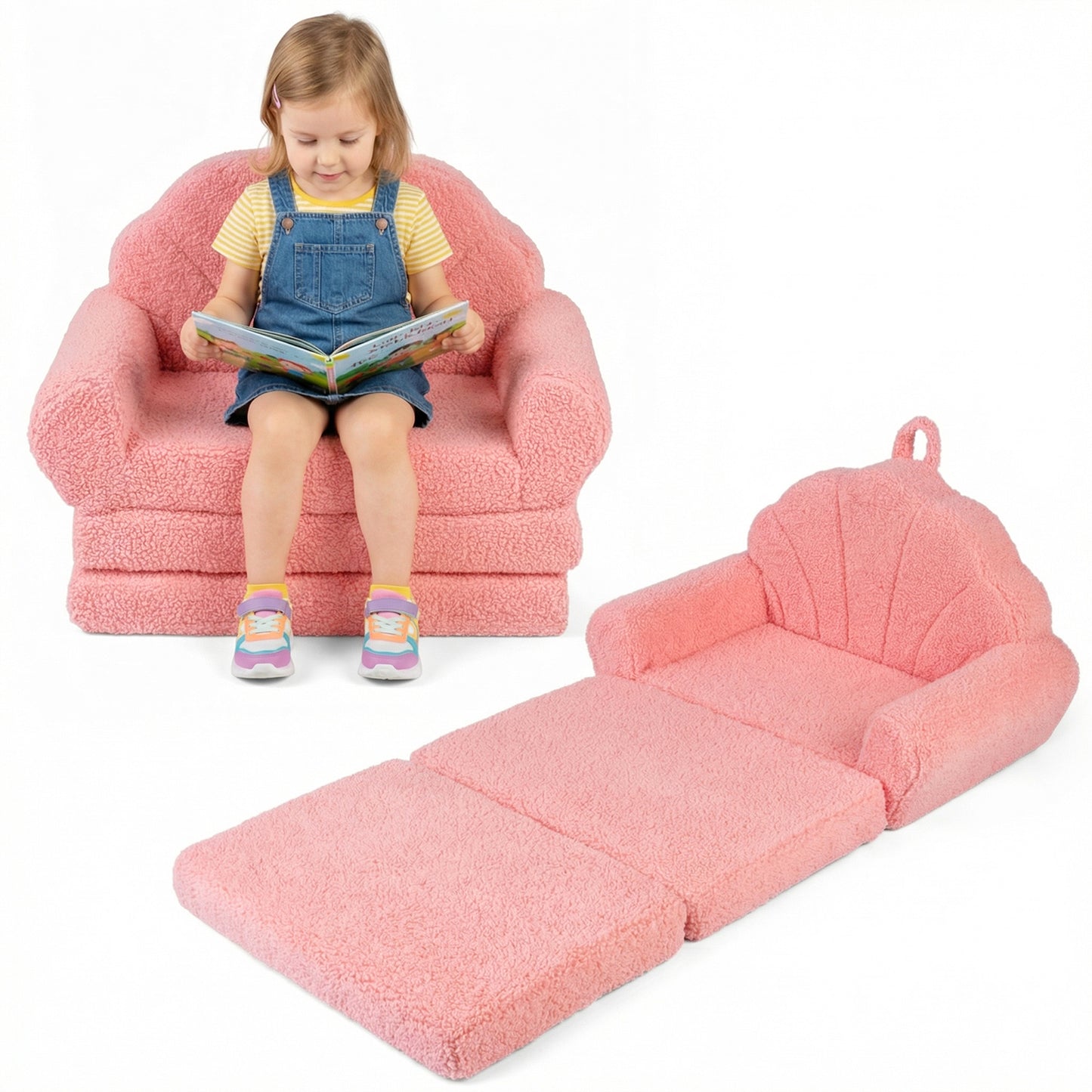Patiojoy Convertible Kids Sofa 2-in-1 Fold out Toddler Couch Chair to Lounger Bed with Soft Fabric Cover for Boys Girls Beige/Green/Pink