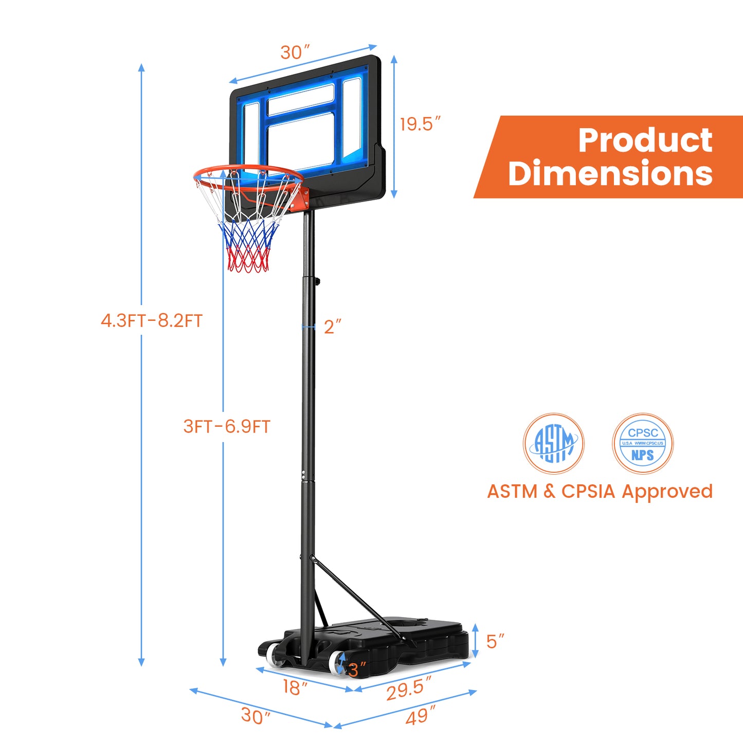 Patiojoy Basketball Hoop Portable Basketball Stand with Rolling Wheels 4.3-8.2FT Adjustable Height PE Backboard Fillable Base Blue