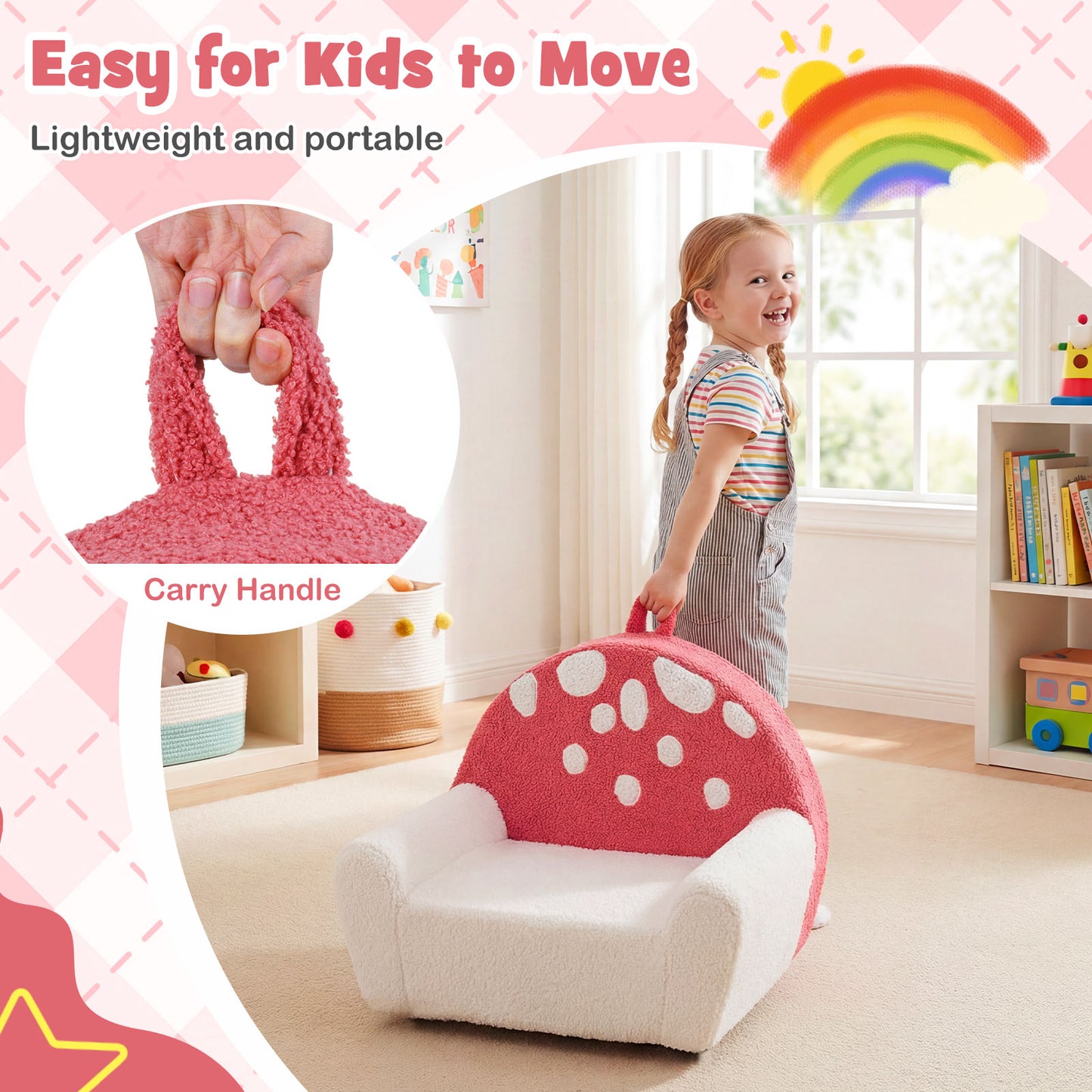 Patiojoy Kids Sofa Toddler Foam Couch with Soft Fleece Fabric Cover Cute Reading Chair for Children Bubble/Pink/Rainbow