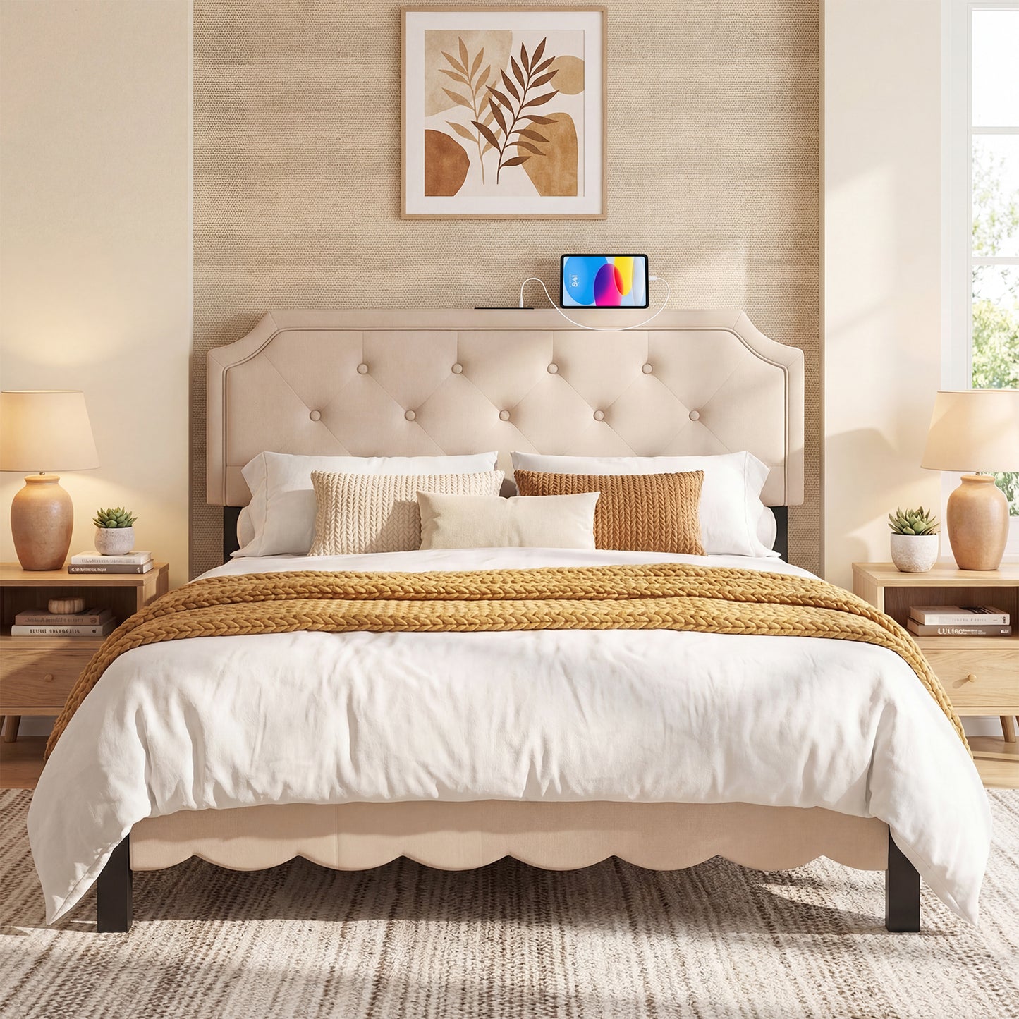 Patiojoy Queen/Full Adjustable Upholstered Headboard Only Modern Tufted Headboard with Charging Station Beige/Gray