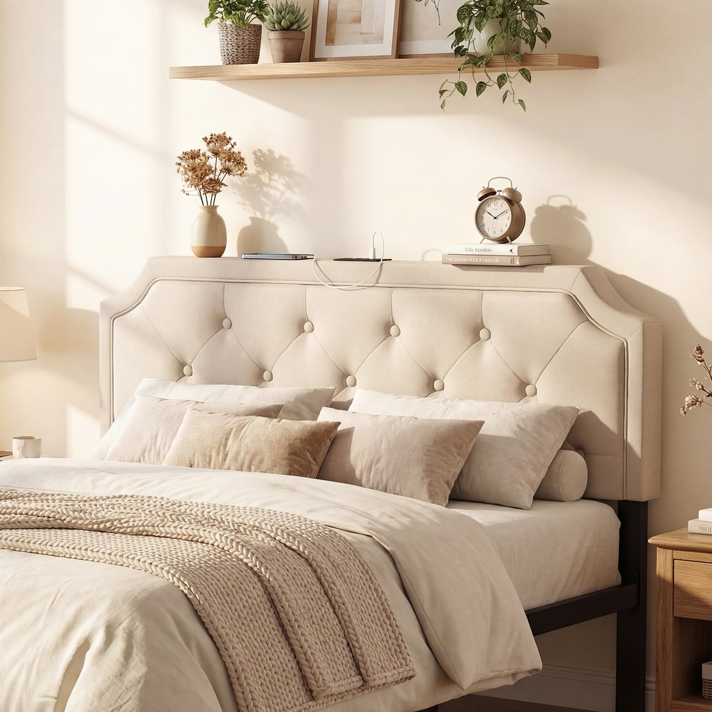 Patiojoy Queen/Full Adjustable Upholstered Headboard Only Modern Tufted Headboard with Charging Station Beige/Gray