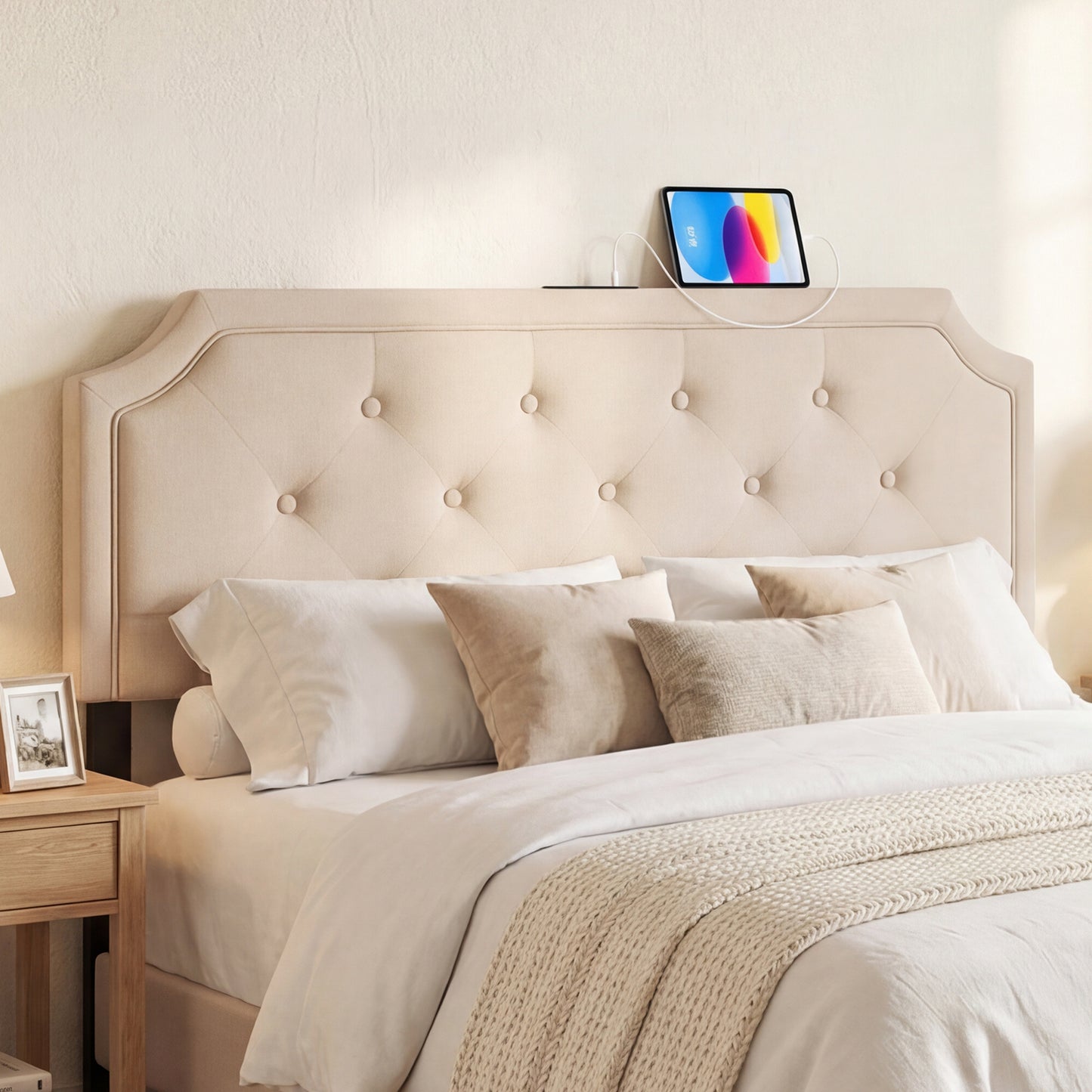 Patiojoy Queen/Full Adjustable Upholstered Headboard Only Modern Tufted Headboard with Charging Station Beige/Gray