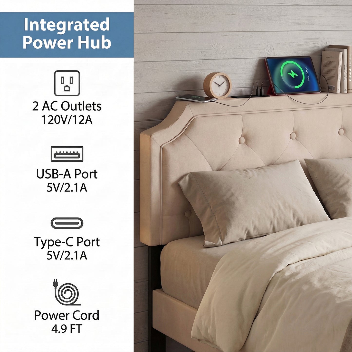 Patiojoy Queen/Full Adjustable Upholstered Headboard Only Modern Tufted Headboard with Charging Station Beige/Gray
