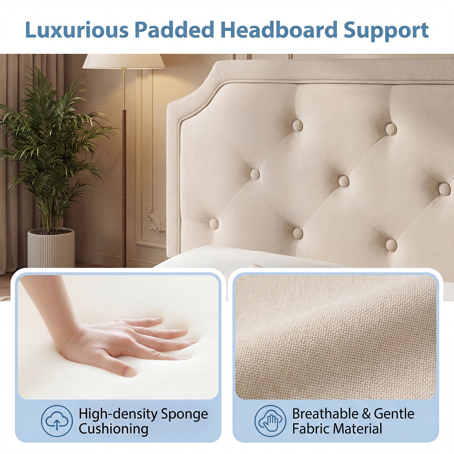Patiojoy Queen/Full Adjustable Upholstered Headboard Only Modern Tufted Headboard with Charging Station Beige/Gray