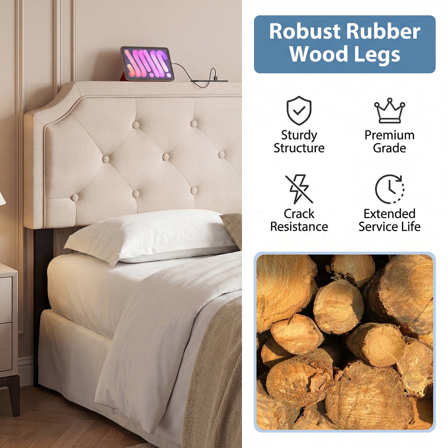 Patiojoy Queen/Full Adjustable Upholstered Headboard Only Modern Tufted Headboard with Charging Station Beige/Gray