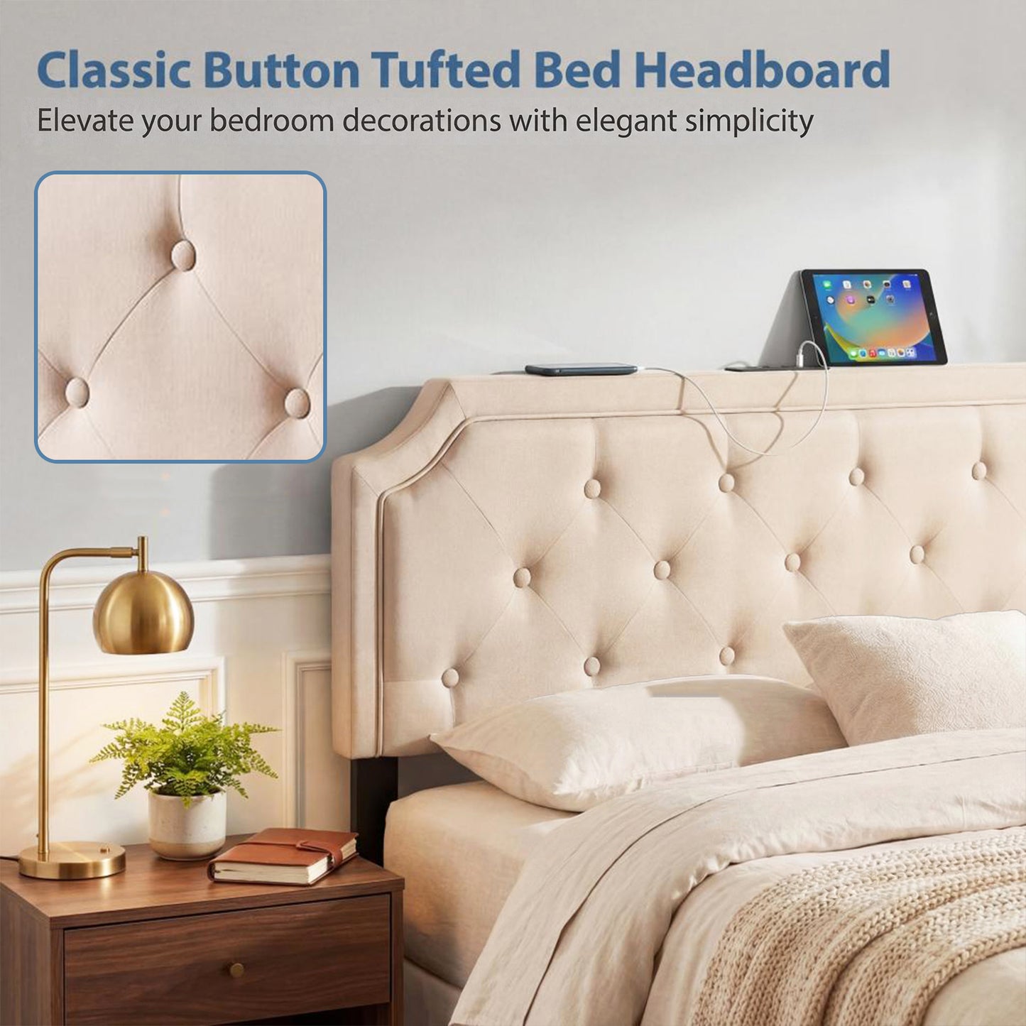 Patiojoy Queen/Full Adjustable Upholstered Headboard Only Modern Tufted Headboard with Charging Station Beige/Gray