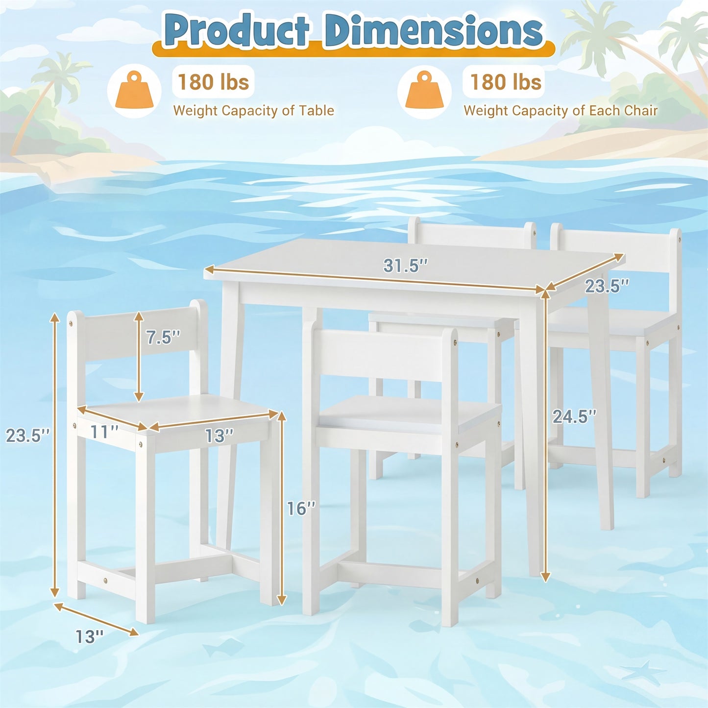 Patiojoy 5-Piece Wooden Kids Table and Chair Set Solid Rubber Wood Activity Table with 4 Chairs for Crafts White/Natural