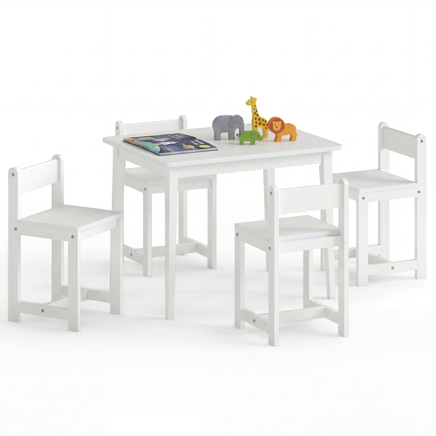 Patiojoy 5-Piece Wooden Kids Table and Chair Set Solid Rubber Wood Activity Table with 4 Chairs for Crafts White/Natural