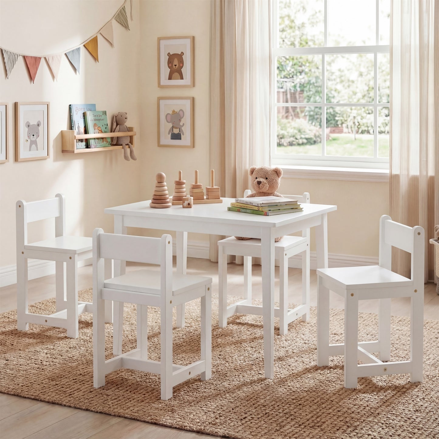 Patiojoy 5-Piece Wooden Kids Table and Chair Set Solid Rubber Wood Activity Table with 4 Chairs for Crafts White/Natural