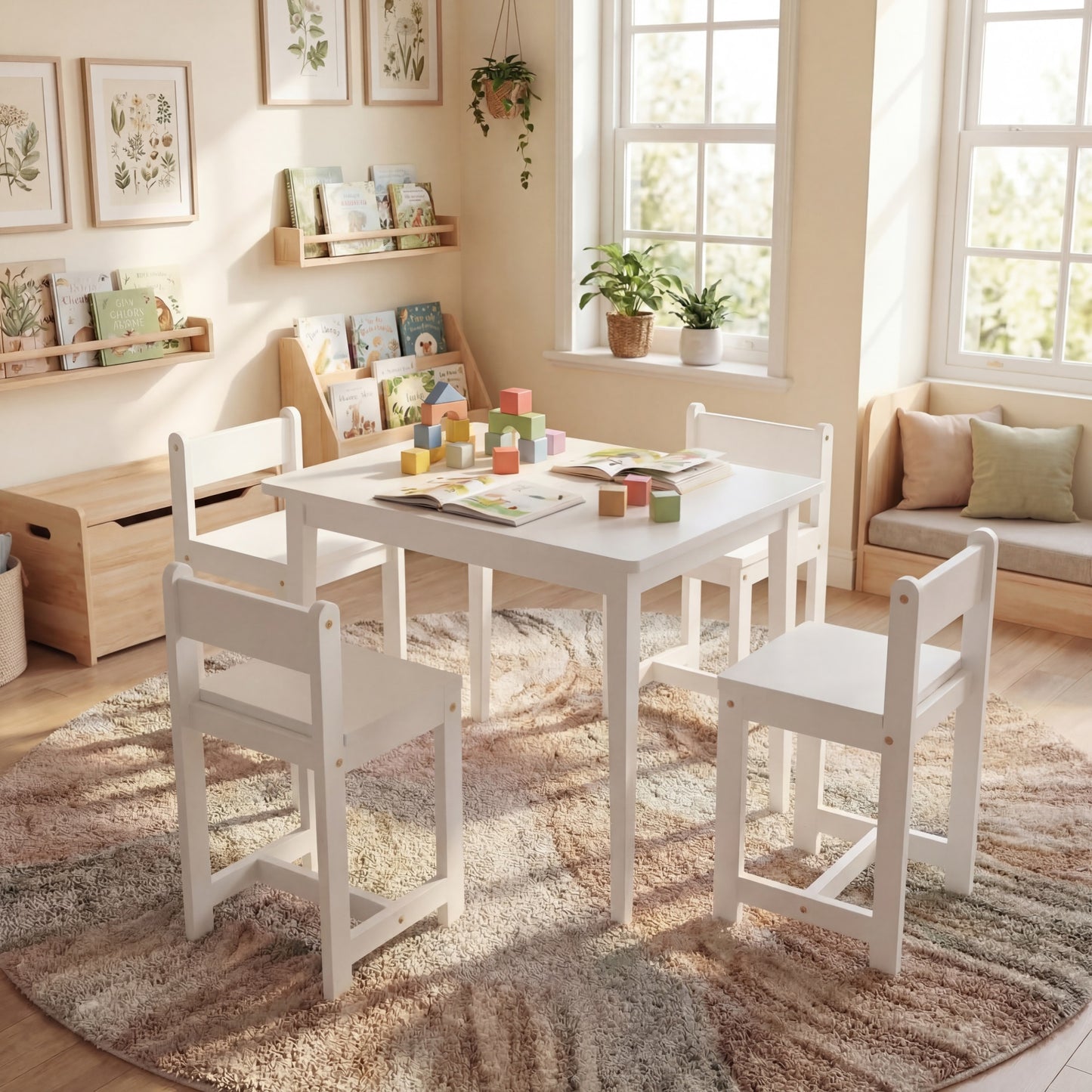 Patiojoy 5-Piece Wooden Kids Table and Chair Set Solid Rubber Wood Activity Table with 4 Chairs for Crafts White/Natural