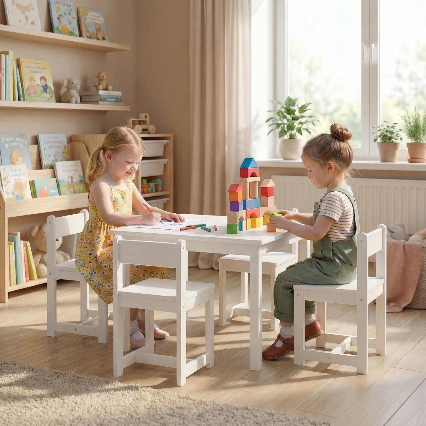 Patiojoy 5-Piece Wooden Kids Table and Chair Set Solid Rubber Wood Activity Table with 4 Chairs for Crafts White/Natural