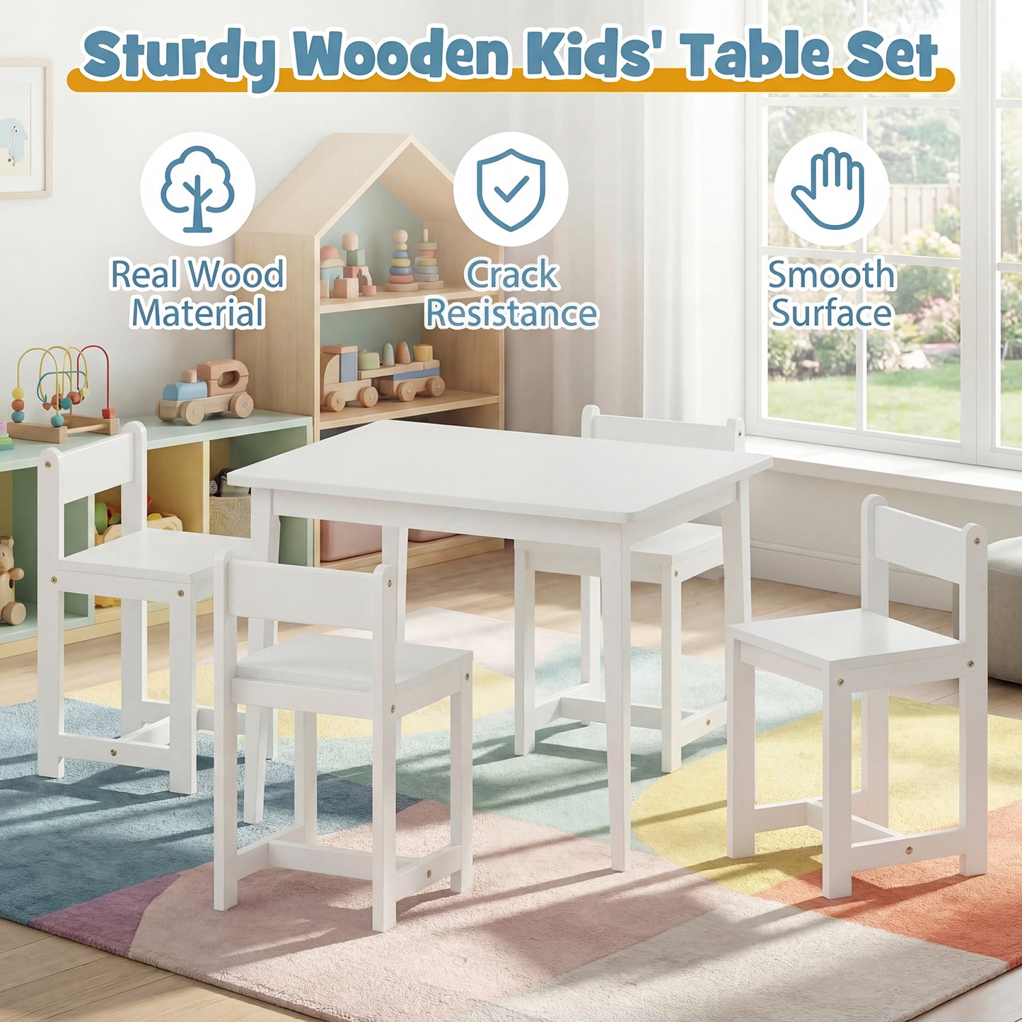 Patiojoy 5-Piece Wooden Kids Table and Chair Set Solid Rubber Wood Activity Table with 4 Chairs for Crafts White/Natural