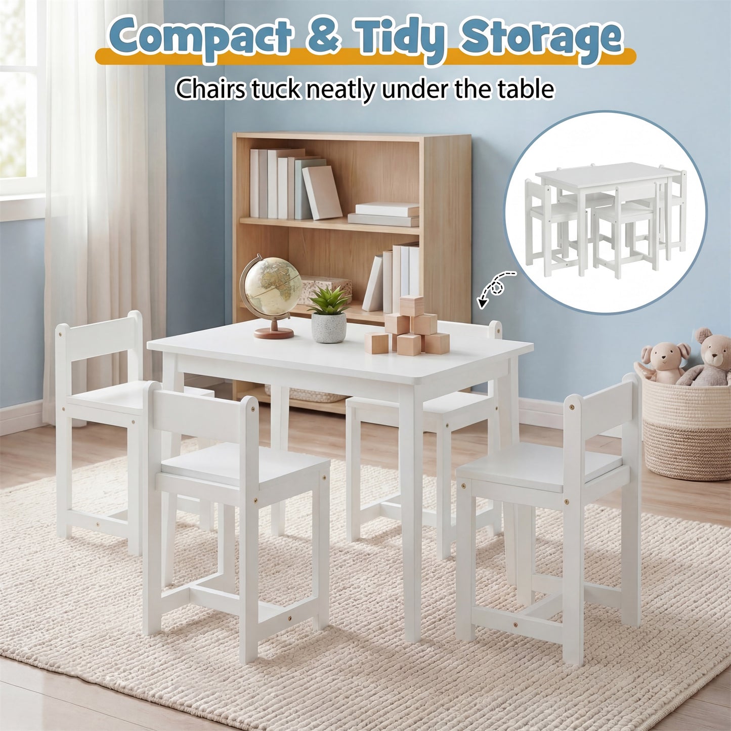 Patiojoy 5-Piece Wooden Kids Table and Chair Set Solid Rubber Wood Activity Table with 4 Chairs for Crafts White/Natural