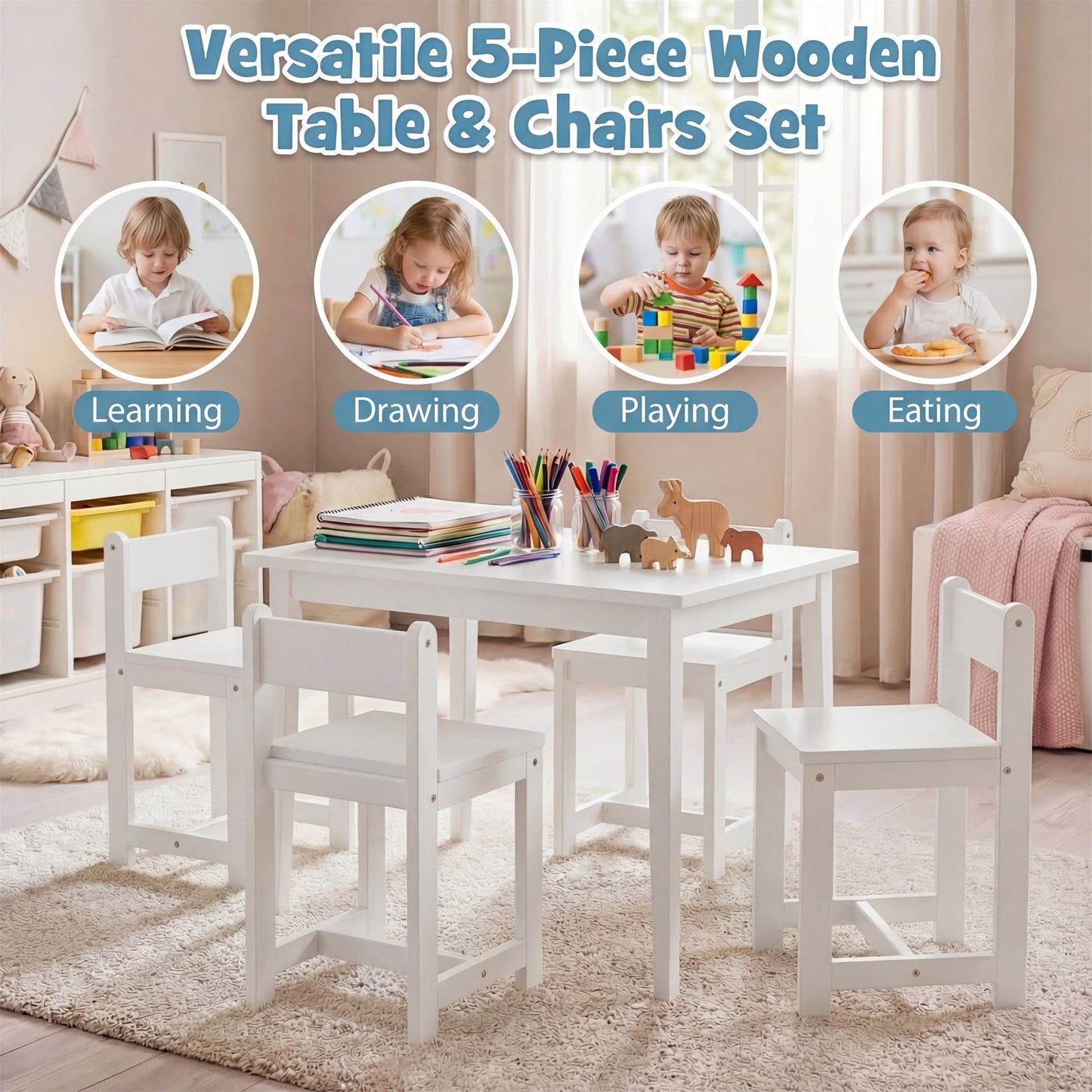Patiojoy 5-Piece Wooden Kids Table and Chair Set Solid Rubber Wood Activity Table with 4 Chairs for Crafts White/Natural
