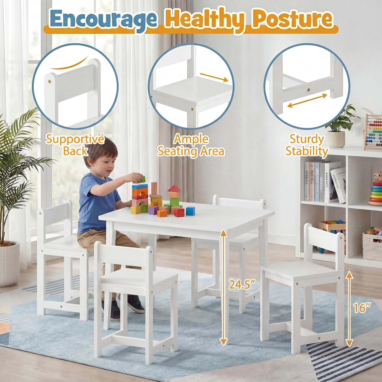 Patiojoy 5-Piece Wooden Kids Table and Chair Set Solid Rubber Wood Activity Table with 4 Chairs for Crafts White/Natural