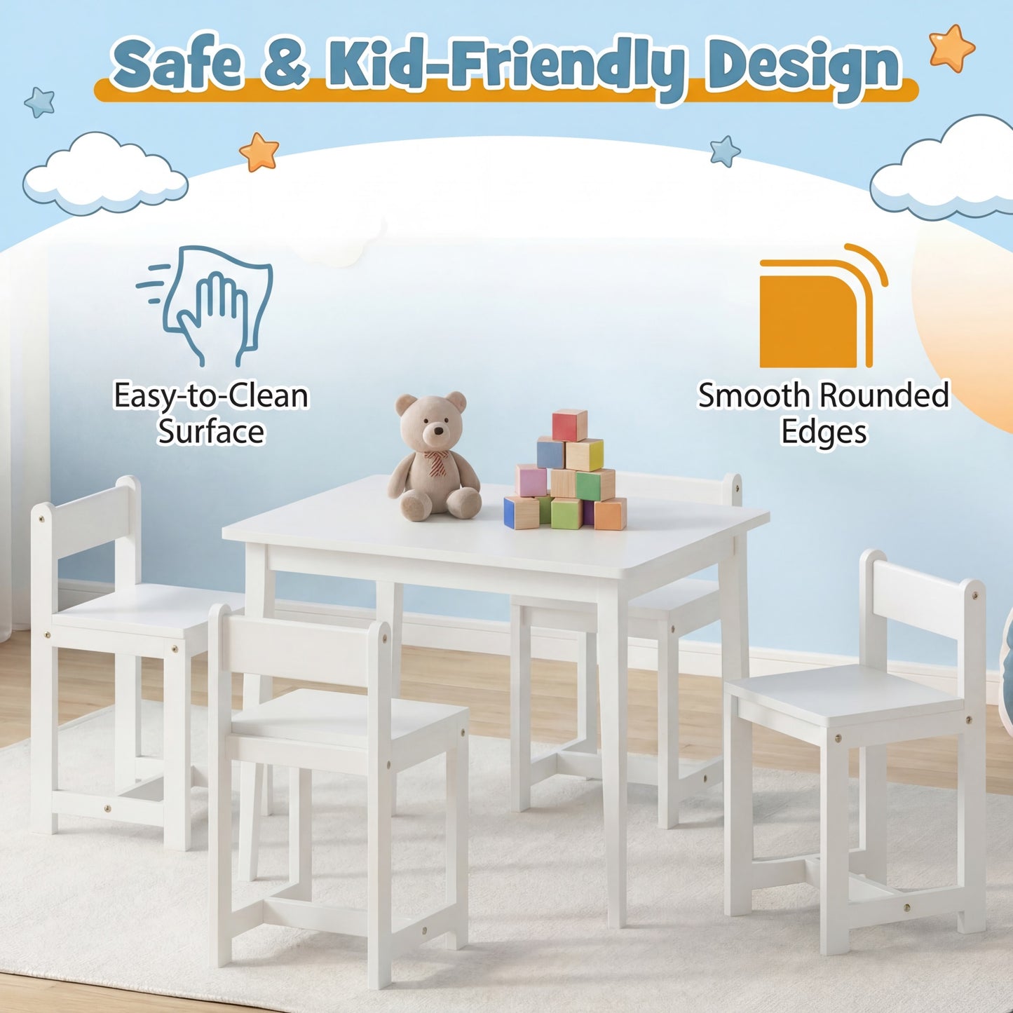 Patiojoy 5-Piece Wooden Kids Table and Chair Set Solid Rubber Wood Activity Table with 4 Chairs for Crafts White/Natural