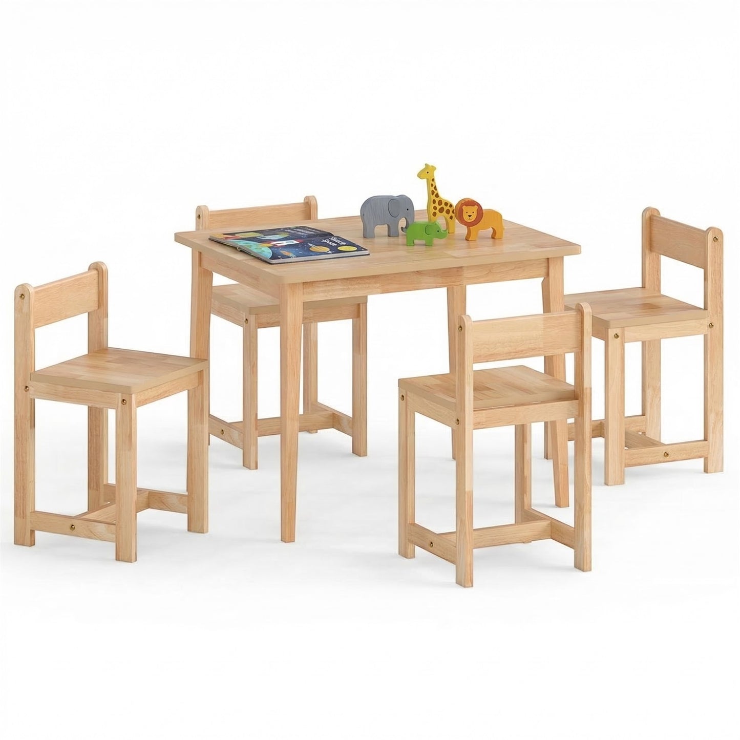 Patiojoy 5-Piece Wooden Kids Table and Chair Set Solid Rubber Wood Activity Table with 4 Chairs for Crafts White/Natural