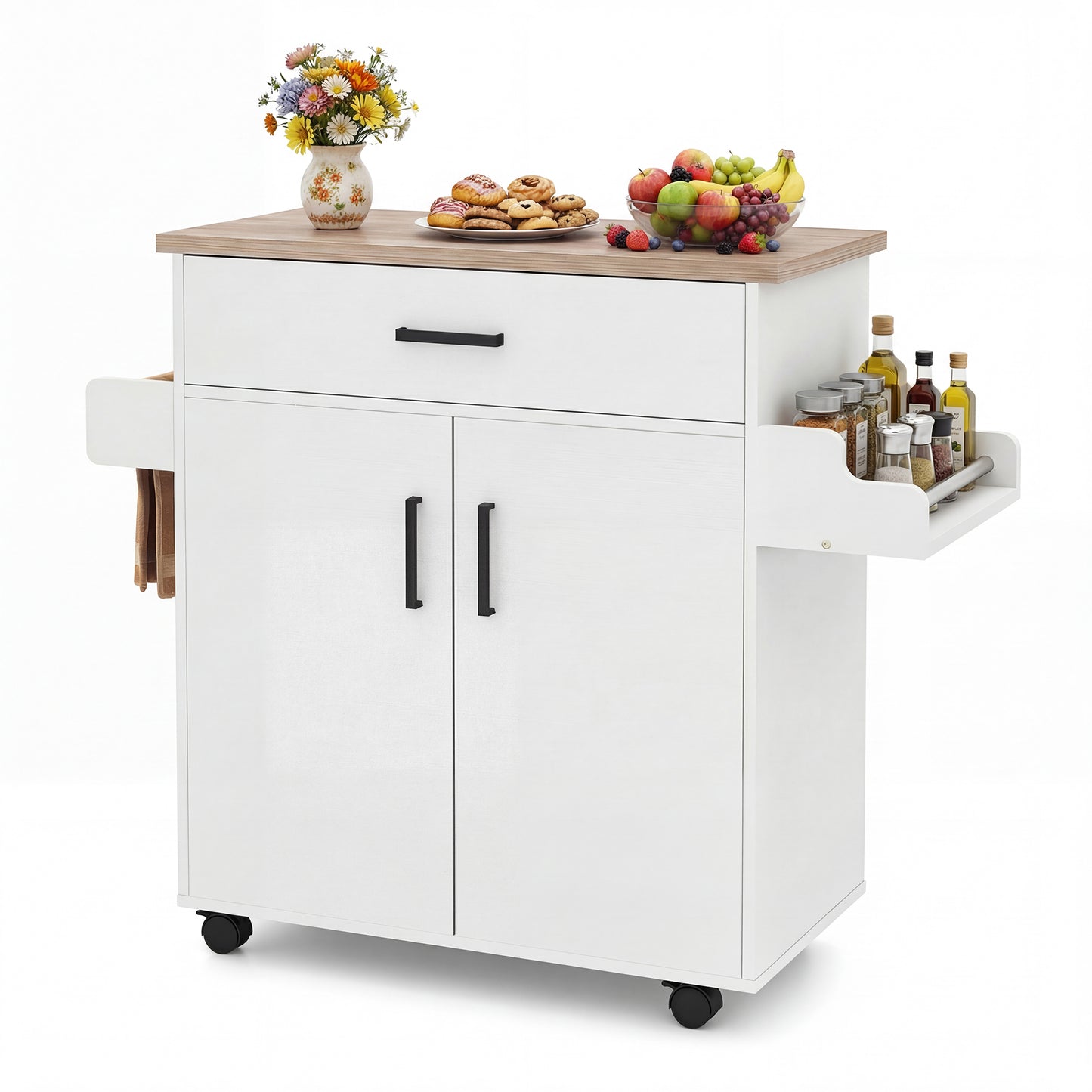 Patiojoy Rolling Kitchen Island Cart with Drawer & 2-Door Cabinet Spice Holder Towel BarLockable Wheels