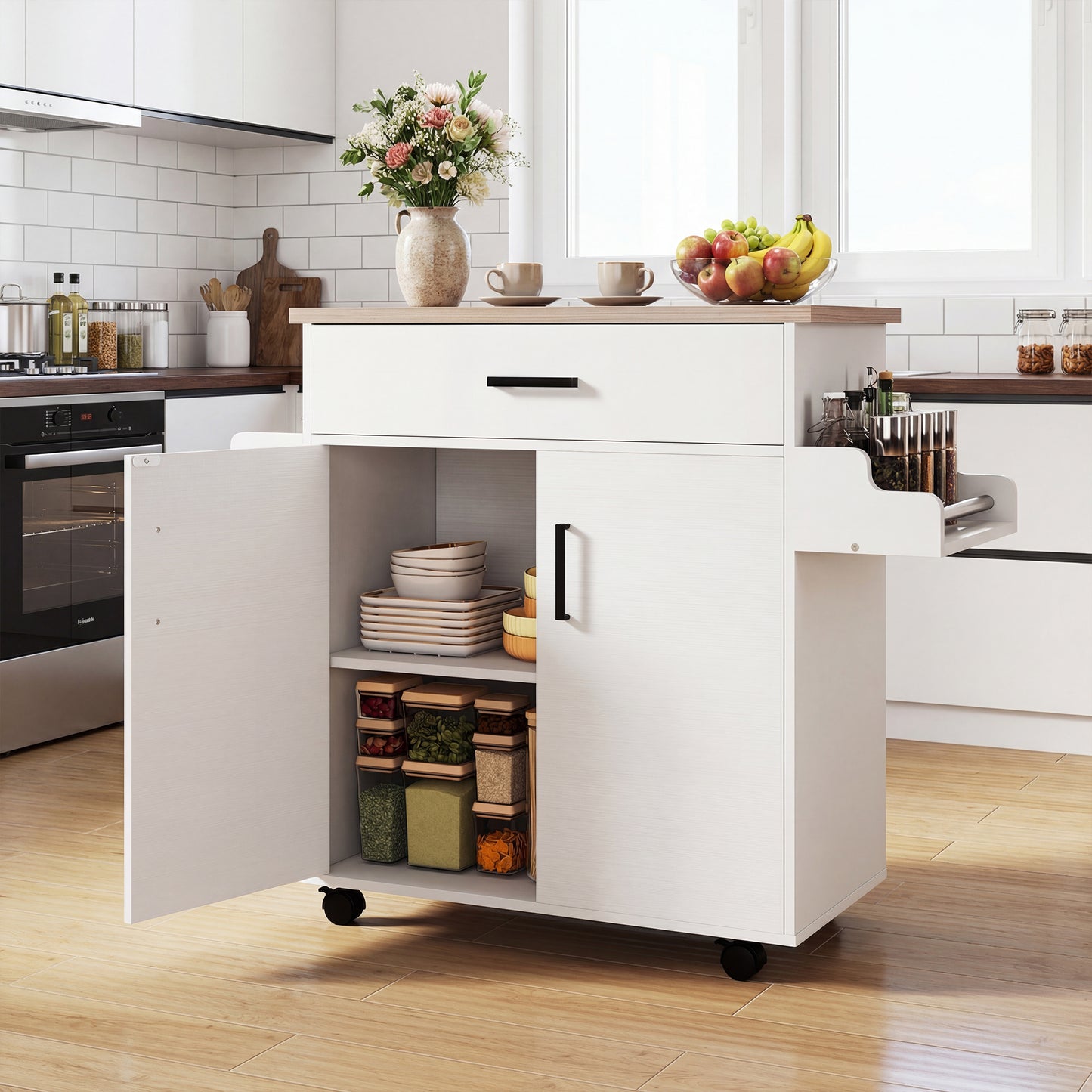 Patiojoy Rolling Kitchen Island Cart with Drawer & 2-Door Cabinet Spice Holder Towel BarLockable Wheels