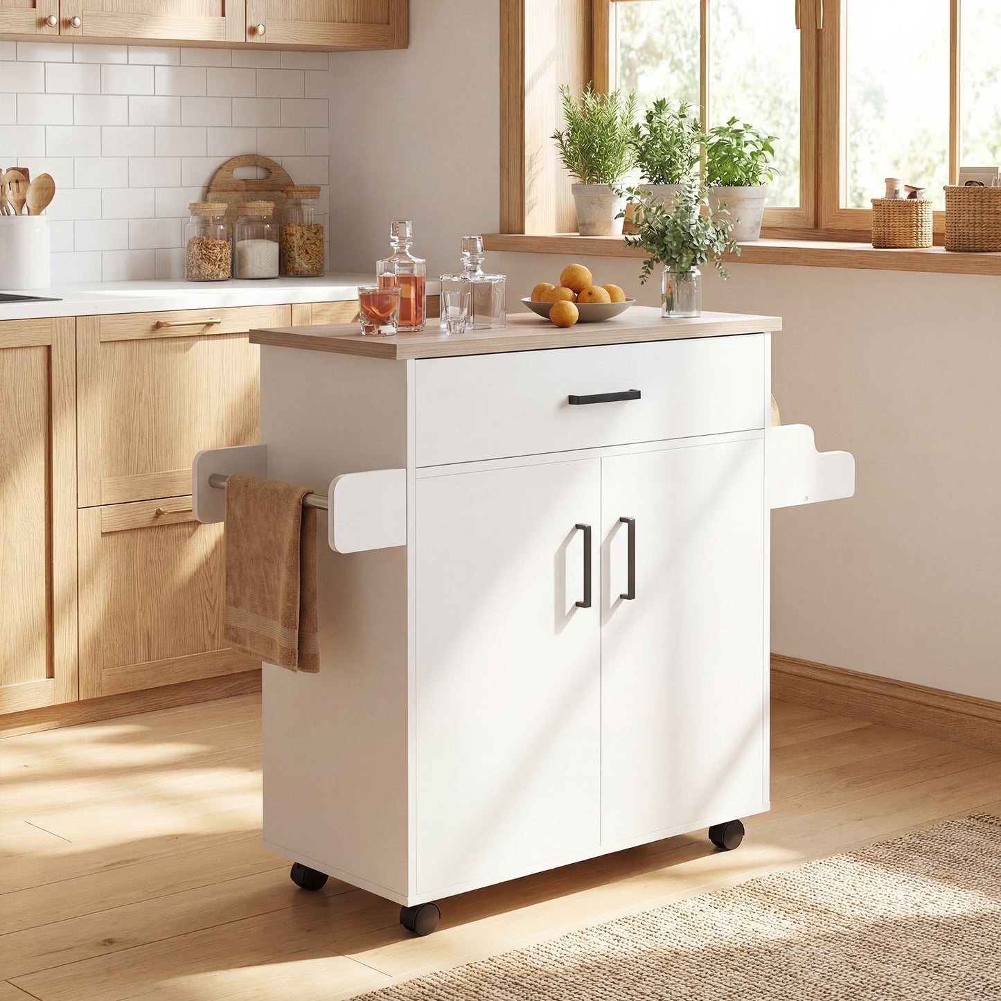 Patiojoy Rolling Kitchen Island Cart with Drawer & 2-Door Cabinet Spice Holder Towel BarLockable Wheels