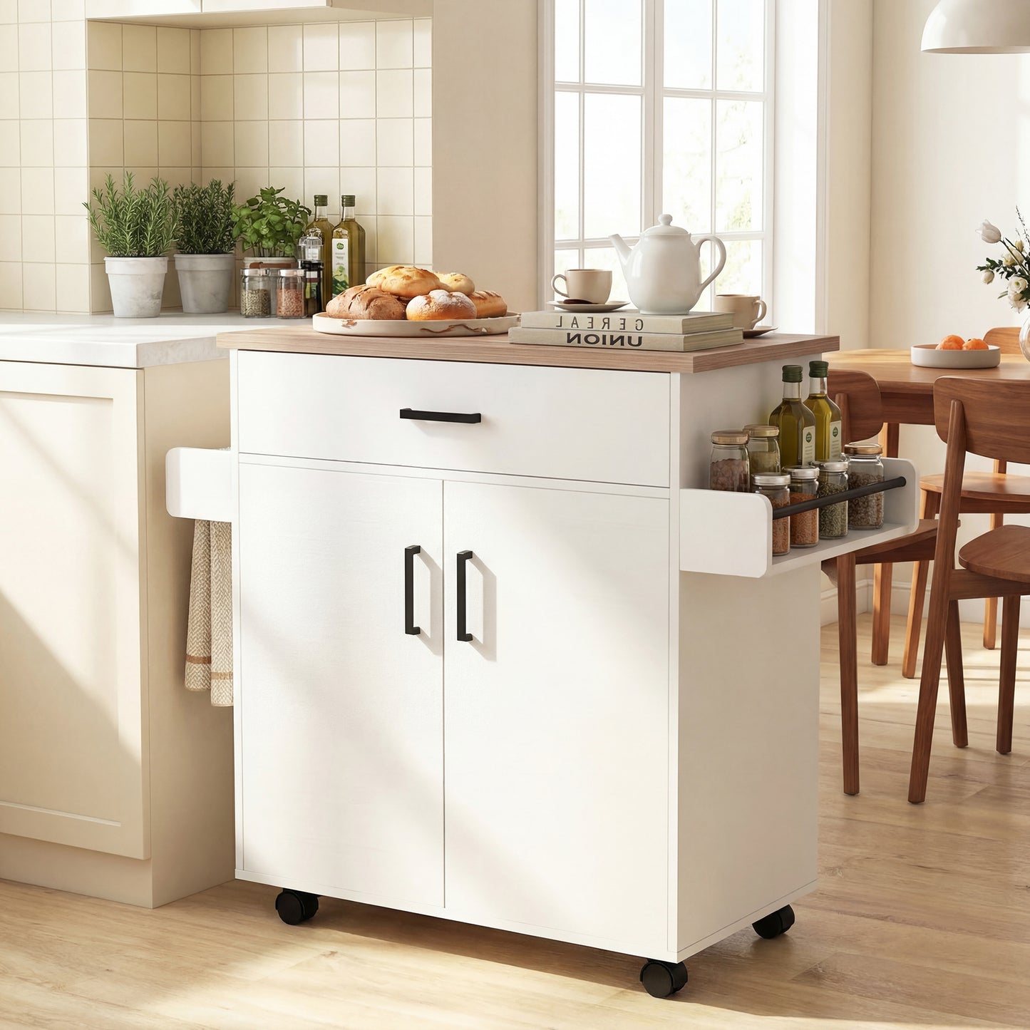 Patiojoy Rolling Kitchen Island Cart with Drawer & 2-Door Cabinet Spice Holder Towel BarLockable Wheels