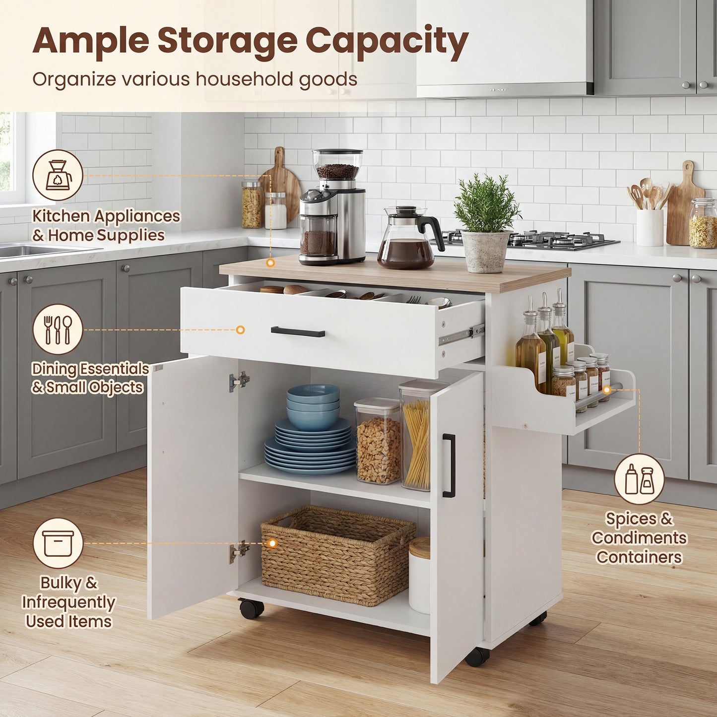 Patiojoy Rolling Kitchen Island Cart with Drawer & 2-Door Cabinet Spice Holder Towel BarLockable Wheels
