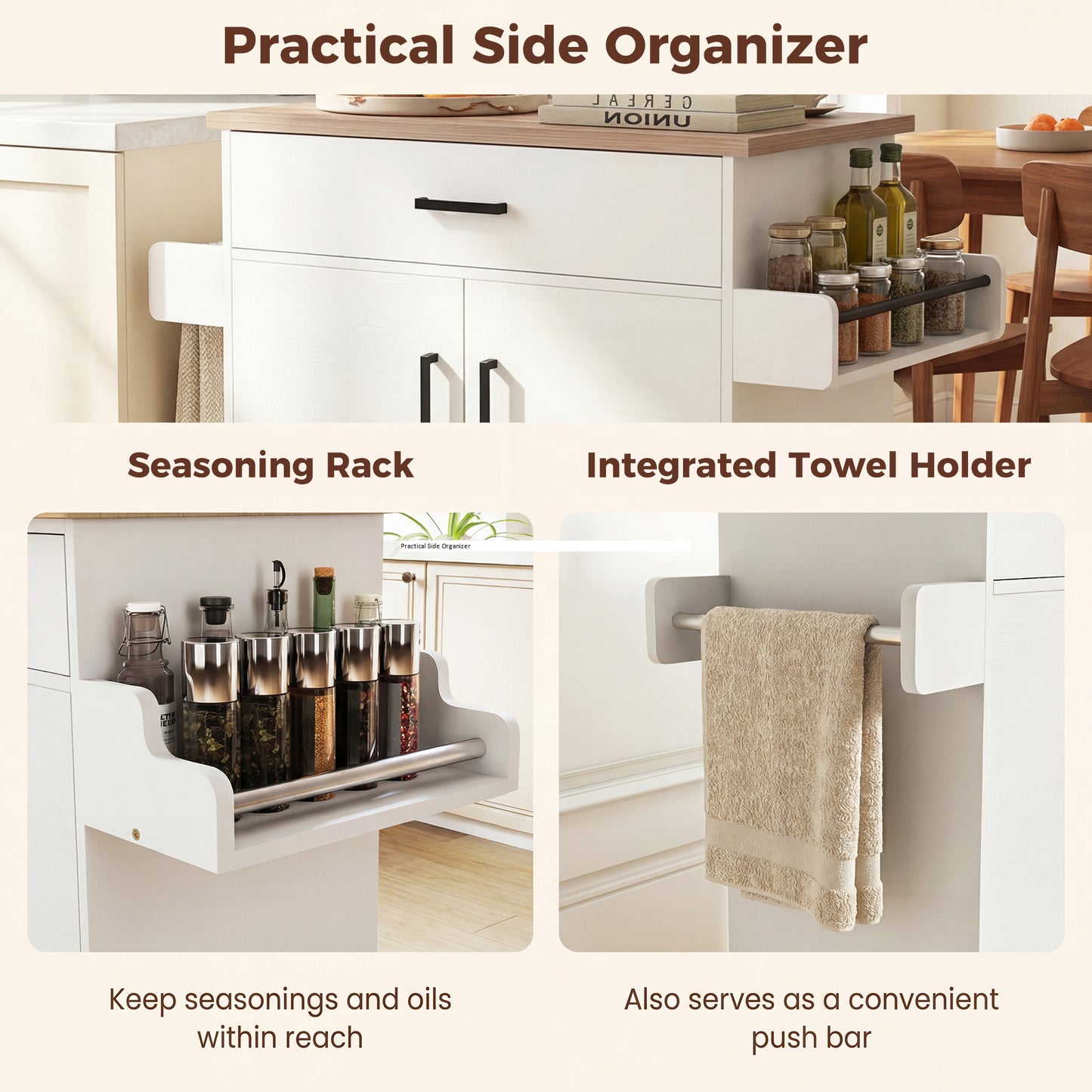 Patiojoy Rolling Kitchen Island Cart with Drawer & 2-Door Cabinet Spice Holder Towel BarLockable Wheels