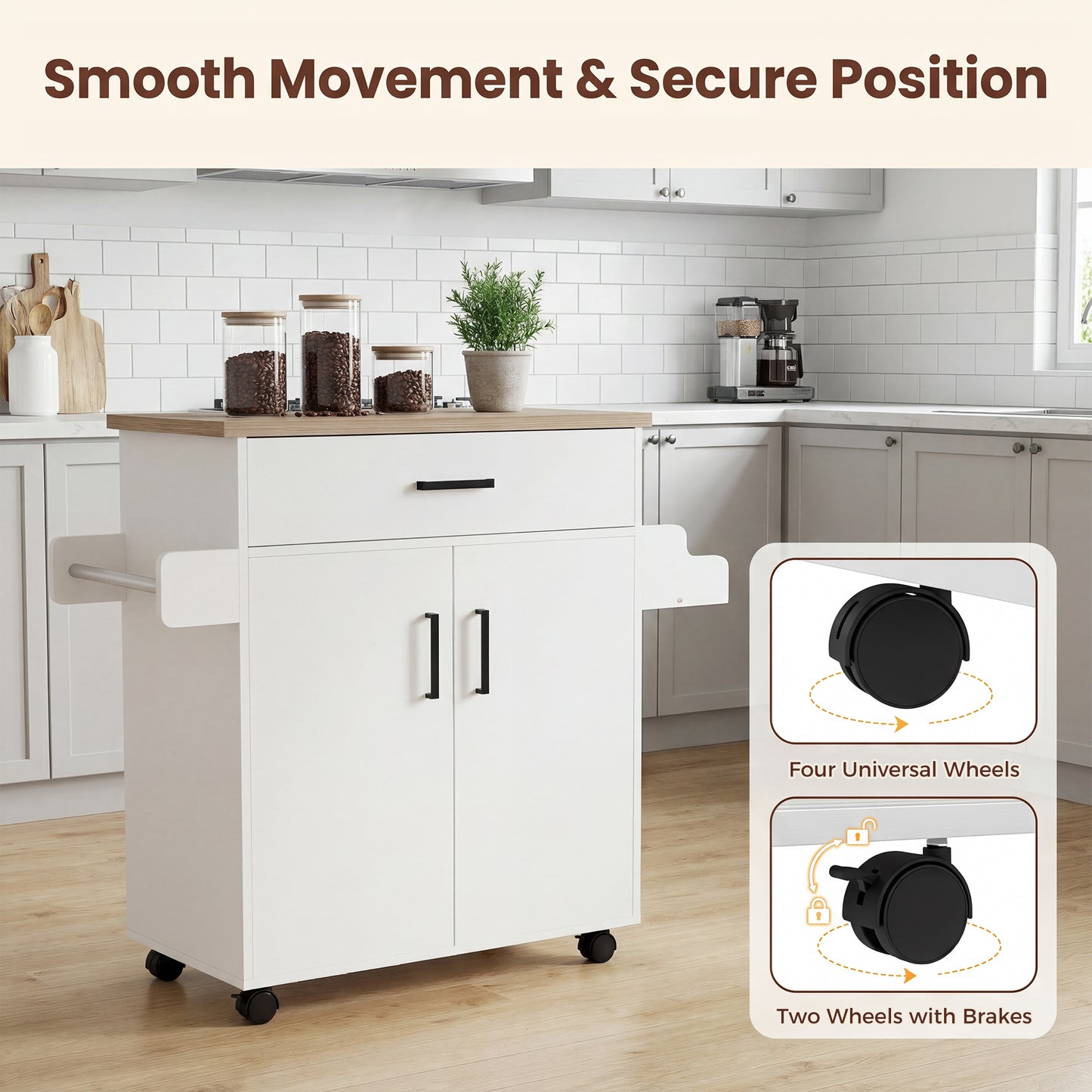 Patiojoy Rolling Kitchen Island Cart with Drawer & 2-Door Cabinet Spice Holder Towel BarLockable Wheels