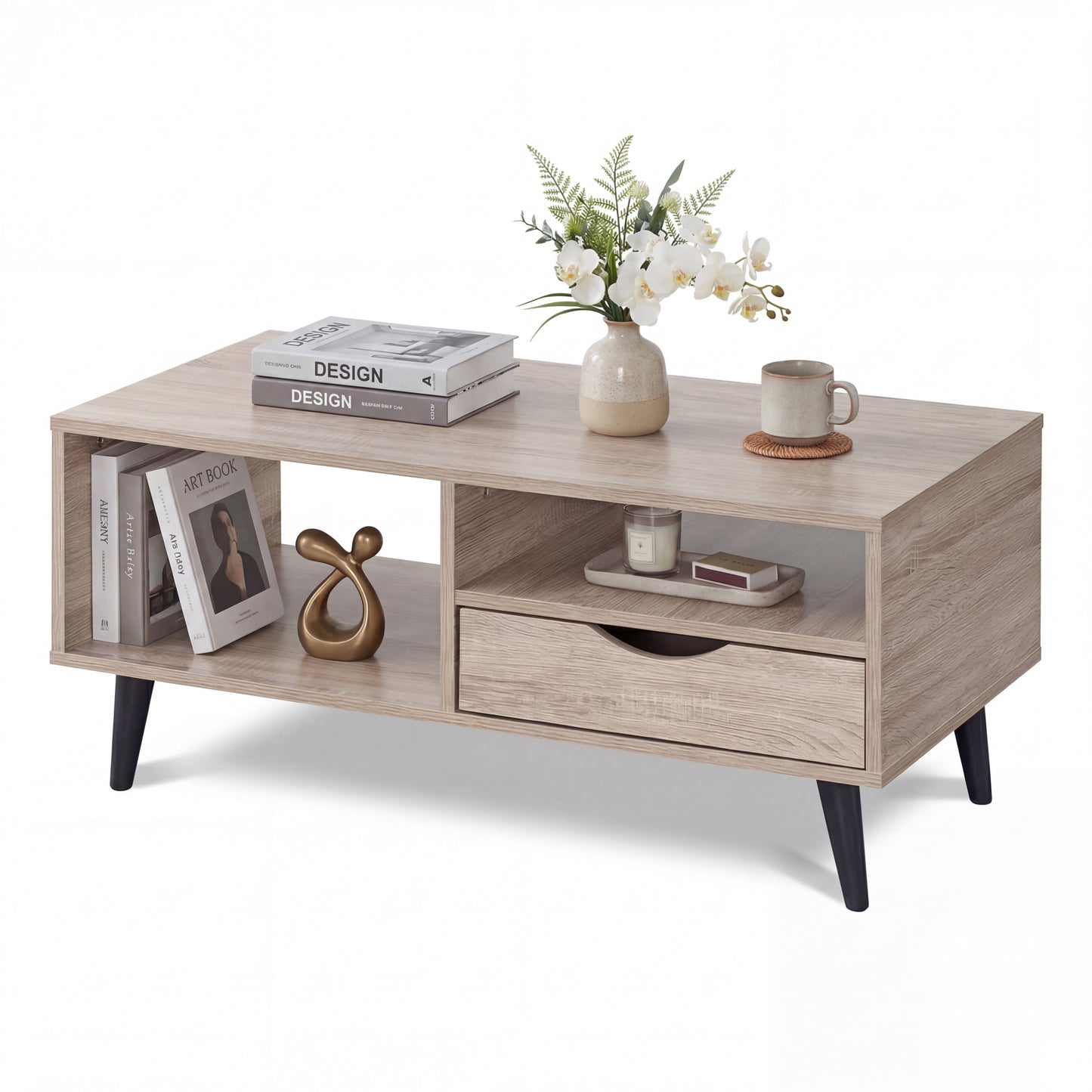 Patiojoy Wooden Coffee Table Rustic Accent Cocktail Table with Storage Drawer & Open Shelves Natural/Walnut